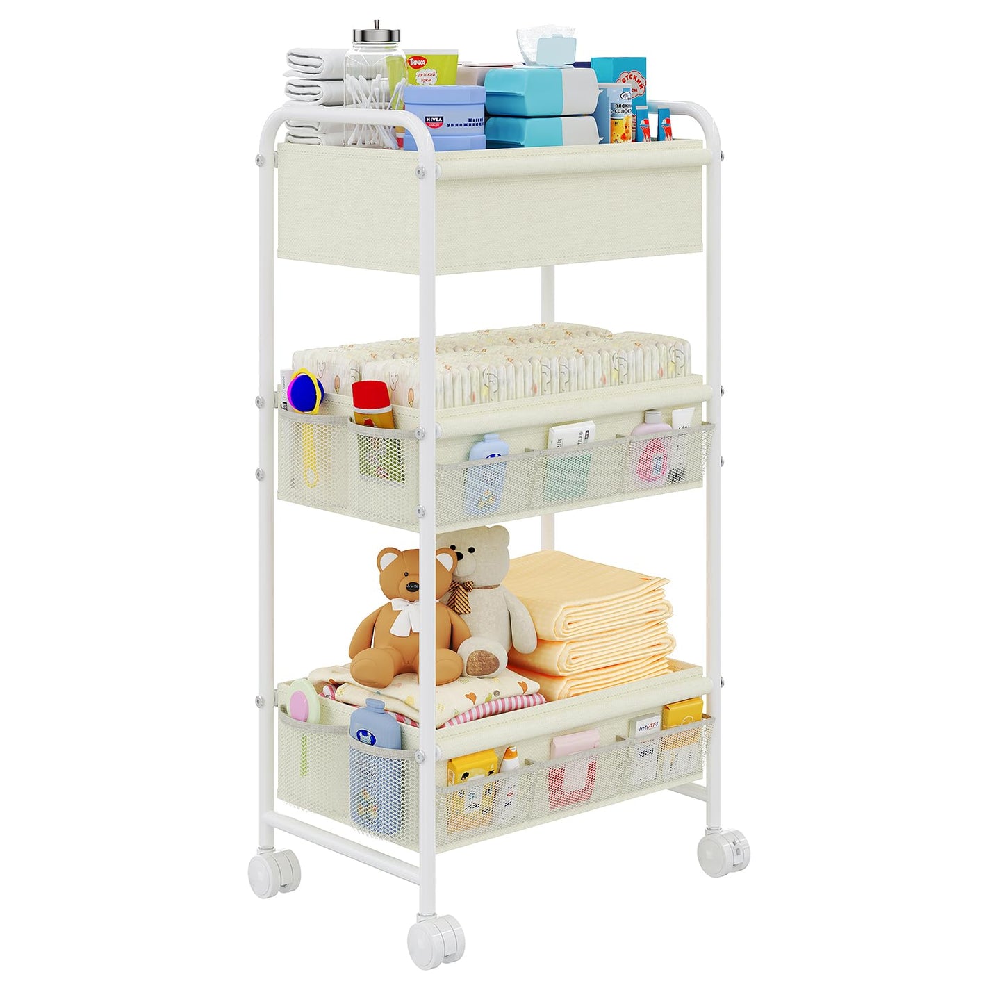 3-Tier Baby Diaper Caddy Cart Organizer,Mobile Nursery Storage Carts with Wheels,With 2 Dividers&14 Mesh Pockets Durable Metal Utility Cart for Nursery, Bedroom, Bathroom, Baby Essentials Organization