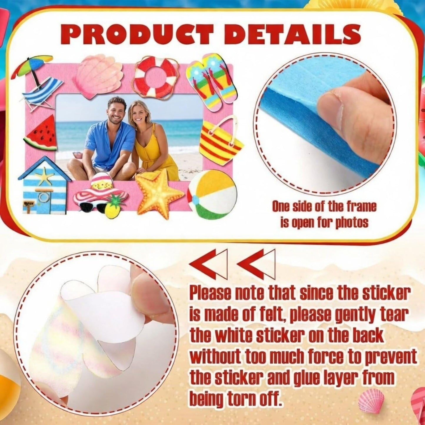 Marsui 232 Pieces Summer Ocean DIY Picture Frame Craft Kit for Kids 32 Pieces Under The Sea Felt Photo Frames and 200 Pieces Foam Stickers for Holiday Game Activities Classroom Decoration (Beach)