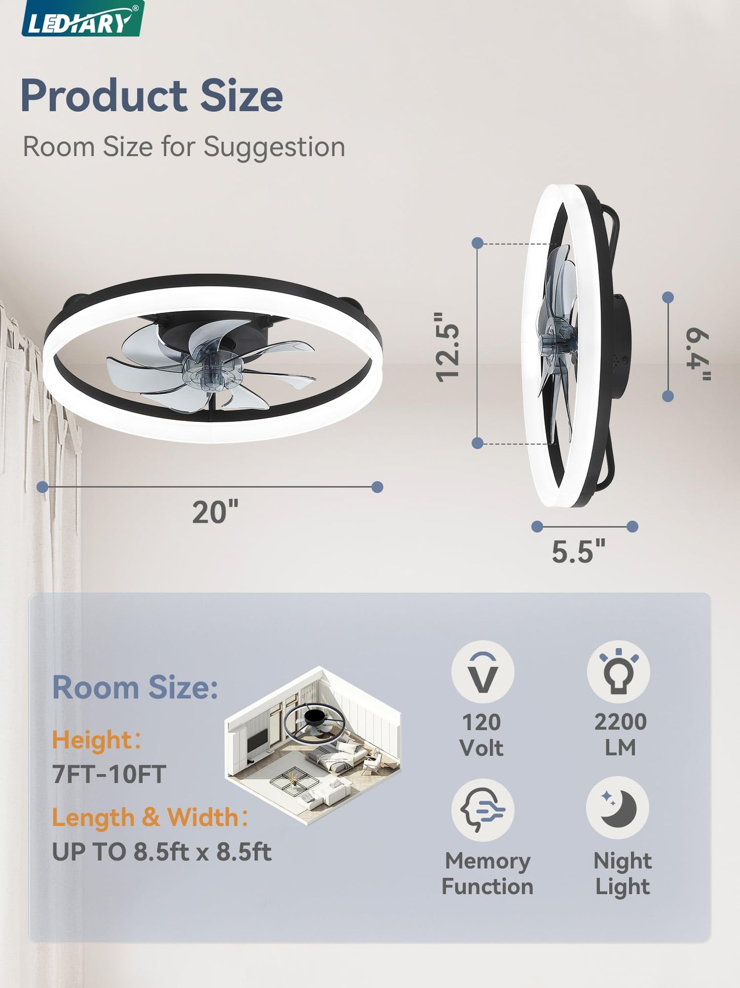 LEDIARY Ceiling Fans with Lights, 20 inch Low Profile Flush Mount Ceiling Fan, Dimmable LED, APP & Remote Control, Quiet Reversible DC Motor, 6 Speeds, Fandelier for Bedroom, Black