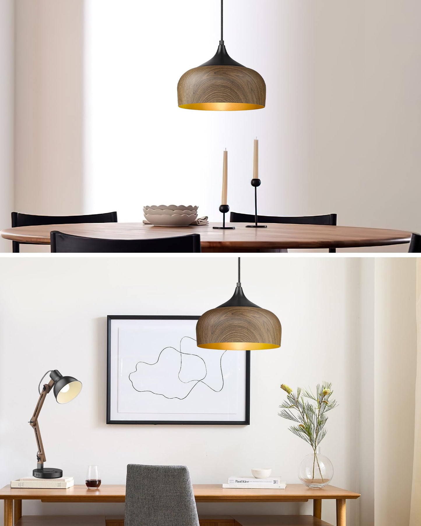 ELYONA Modern Bauhaus Pendant Light Walnut Wooden Pattern Dome Pendant Light Fixture Matte Black Metal Gold Inner Adjustable Hanging Lighting for Kitchen Island Dining Room Office Hallway Bedroom