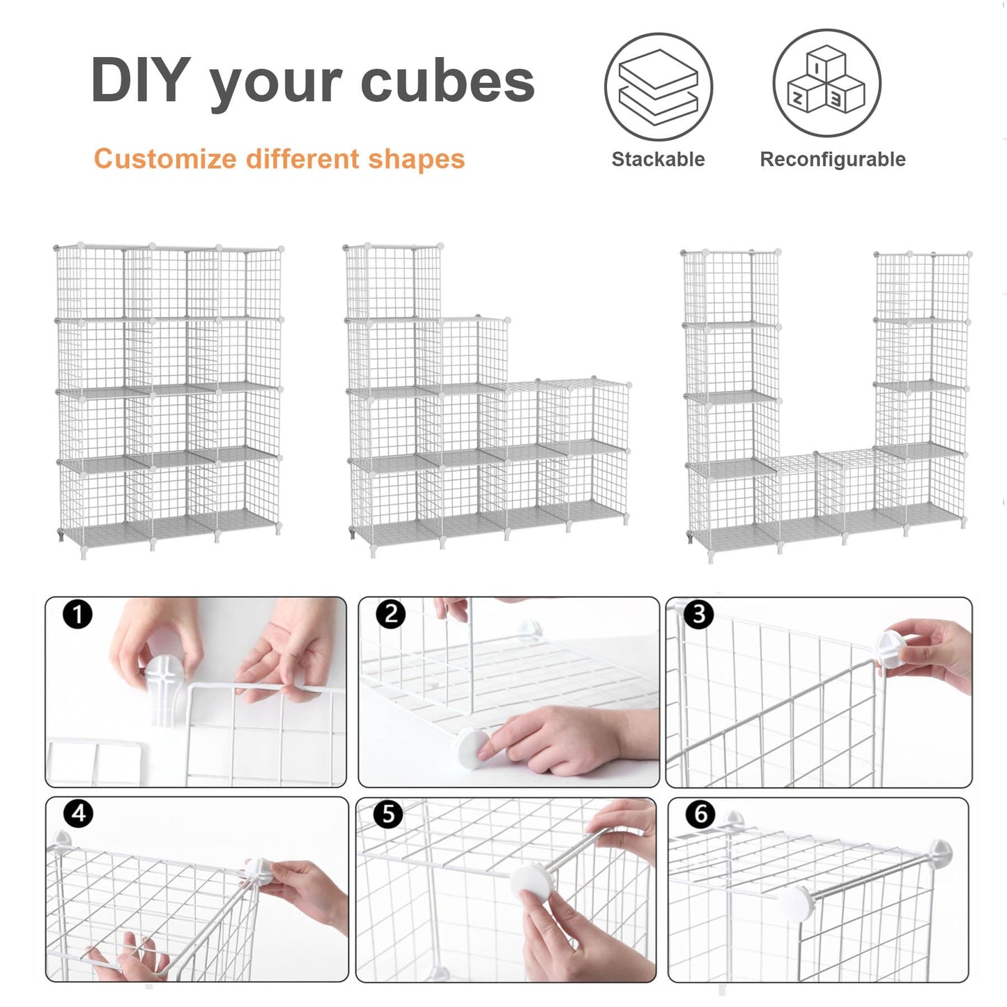 ATTDETJL 12-Cube Storage Organizer, Metal Wire Cube Shelving Unit, 11.8" L x 11.8" W x 11.8" H, Modular Grid Bookshelf for Closet, Bedroom, Office, Black ATTJL12B