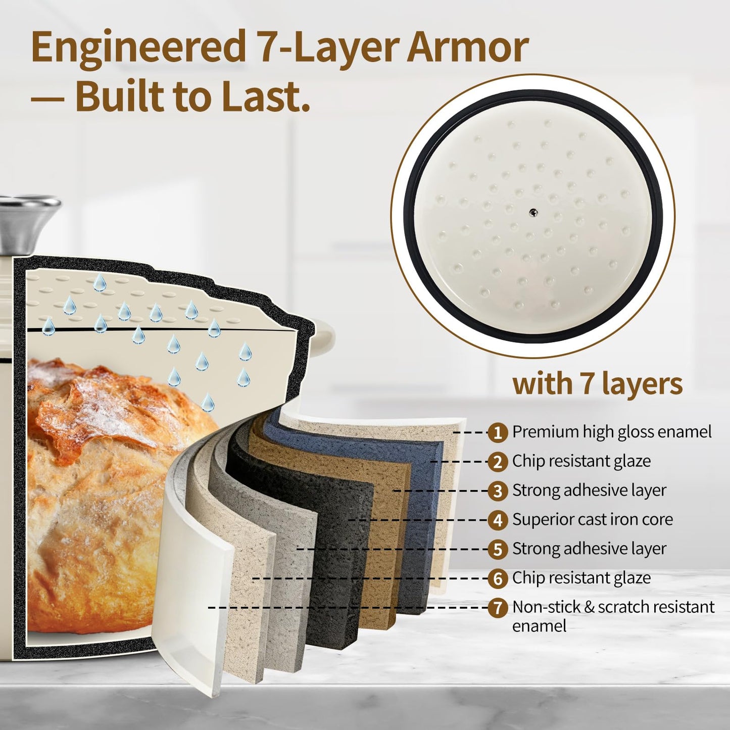 Blingco Enameled Cast Iron Dutch Oven with Lid -6.5 QT, incl. Sourdough Bread-Baking Supplies like Banneton Proofing Basket, Heavy Duty Cookware Bread-Oven for Baking, Stews, and Roasting, Cream White