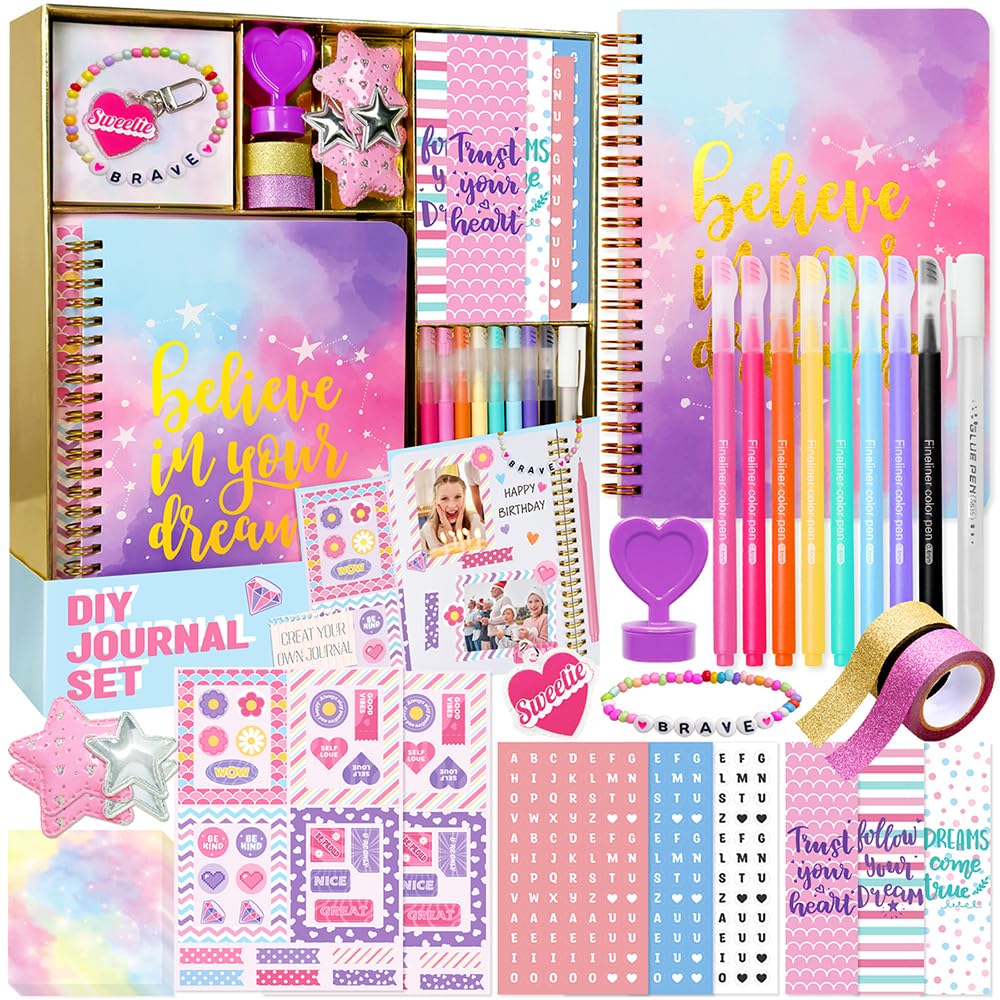 DIY Journal Kit for Girls - 48 pcs DIY Journal Set for Tween & Teen Girls, Stationery Set, Scrapbook & Diary Supplies Set, Journaling Art Crafts Kit, Ideal Gifts for 8 9 10 11 12 13 14 Year Old Girl