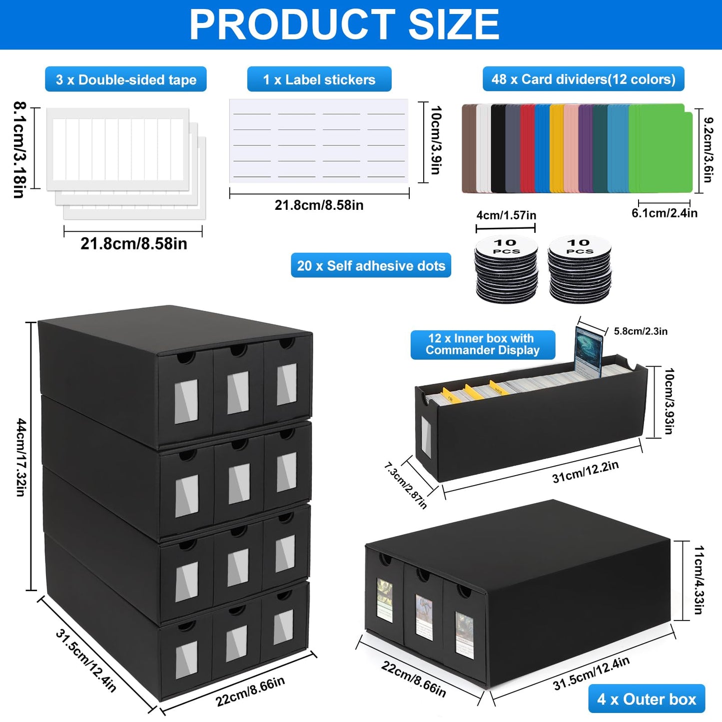 12000+ Trading Card Storage Box for Commander Display, Card Deck Box Cardboard with 48 Dividers, Labels & Tapes, Trading Card Collection Box Fit for TCG, PTCG, MTG and Sport Cards