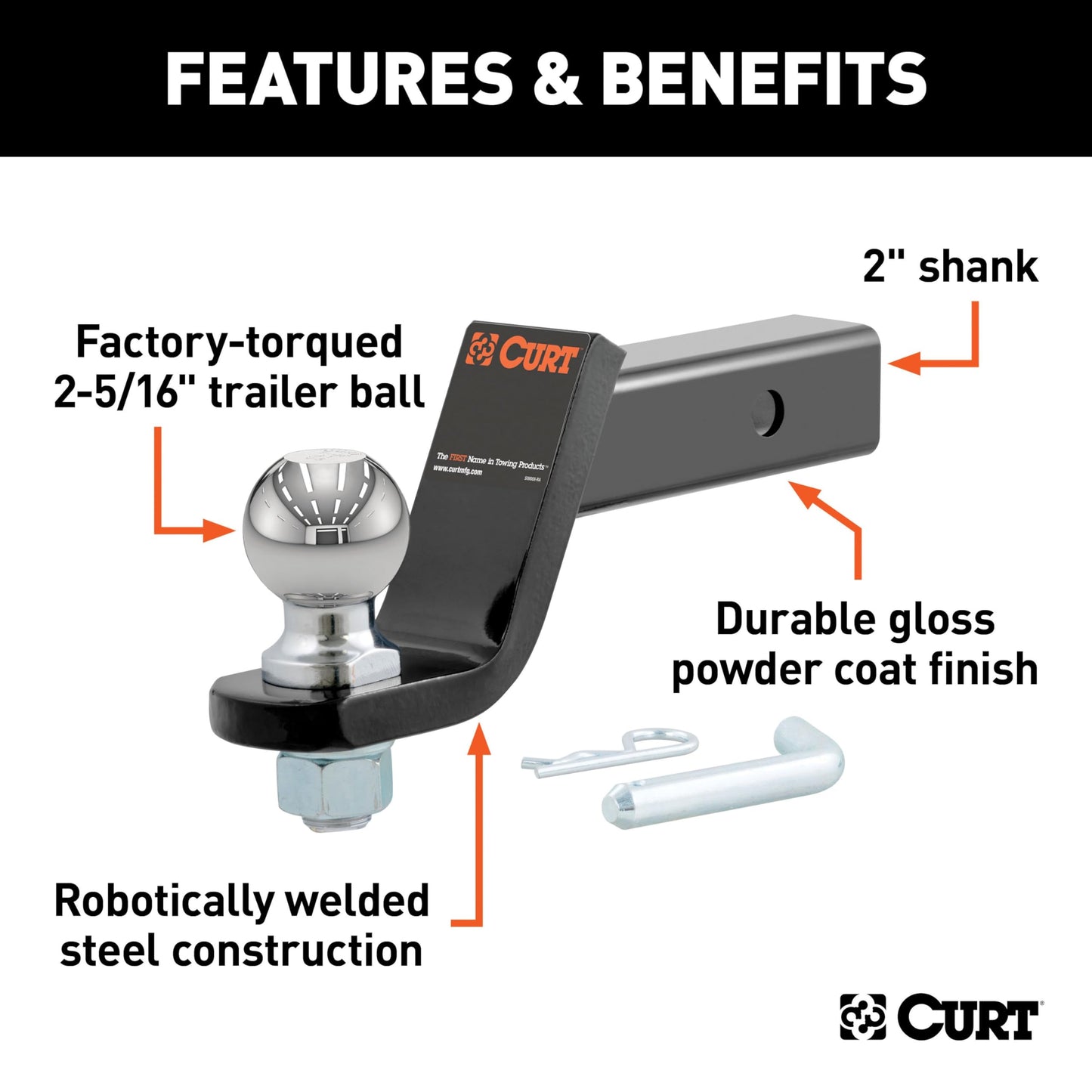CURT 45042 Trailer Hitch Mount with 2-5/16-Inch Ball & Pin, Fits 2-Inch Receiver, 7,500 lbs, 4-Inch Drop
