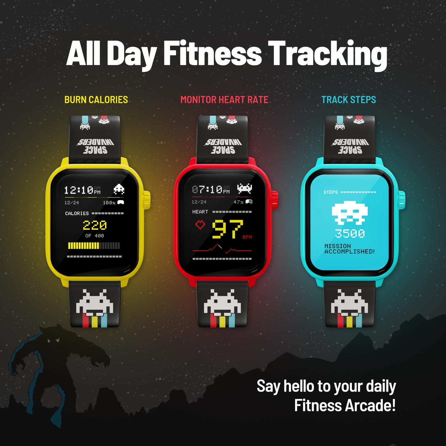 My Play Watch Space Invaders Retro Gaming Smart Watch, Selective Tech, Red Bezel, Non-Connected, Built-in Space Invaders™ Game, Custom Watch Faces, Classic Arcade Sound, IP67 Rating