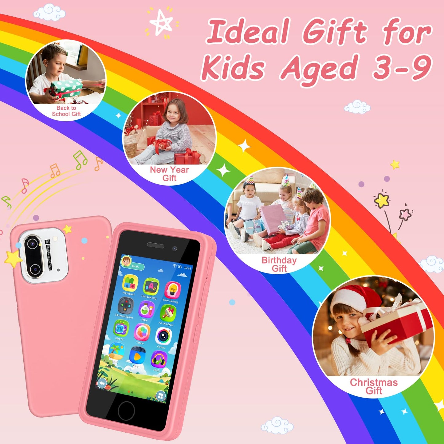 3.97" Touchscreen Kids Toys Smart Phone, Kids Phone with Games & Dual Camera, Toddler Toys Phone, Boys and Girls Learning Toy Phone for 3-9 Years Old (Pink)
