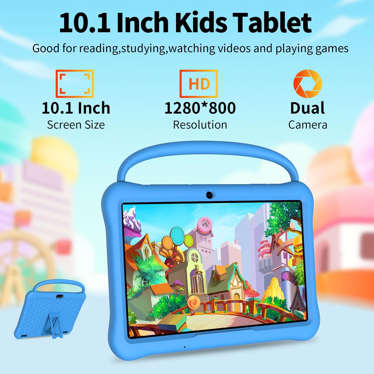 NEWISION 10 inch Kids Tablet, Android 13 Tabletas for Kids 2GB+64GB, Toddler Tablets with Case, 6000mAh, Bluetooth 5.0, WiFi,iWawa Pre Installed, Parental Control,Educational Games（Blue）