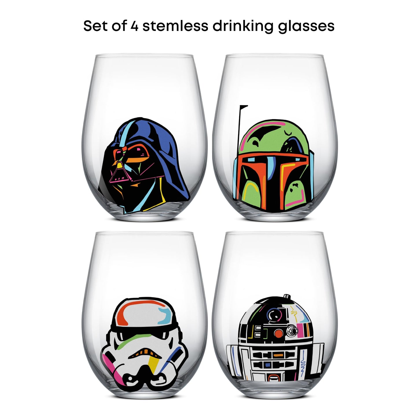 JoyJolt Star Wars Cosmic Color Stemless Drinking Glasses, 19oz Glass Cups ft Darth Vader, Stormtrooper, Boba Fett, R2-D2 - Star Wars Kitchen Glasses Set of 4, Gifts for Men, Women & Adults