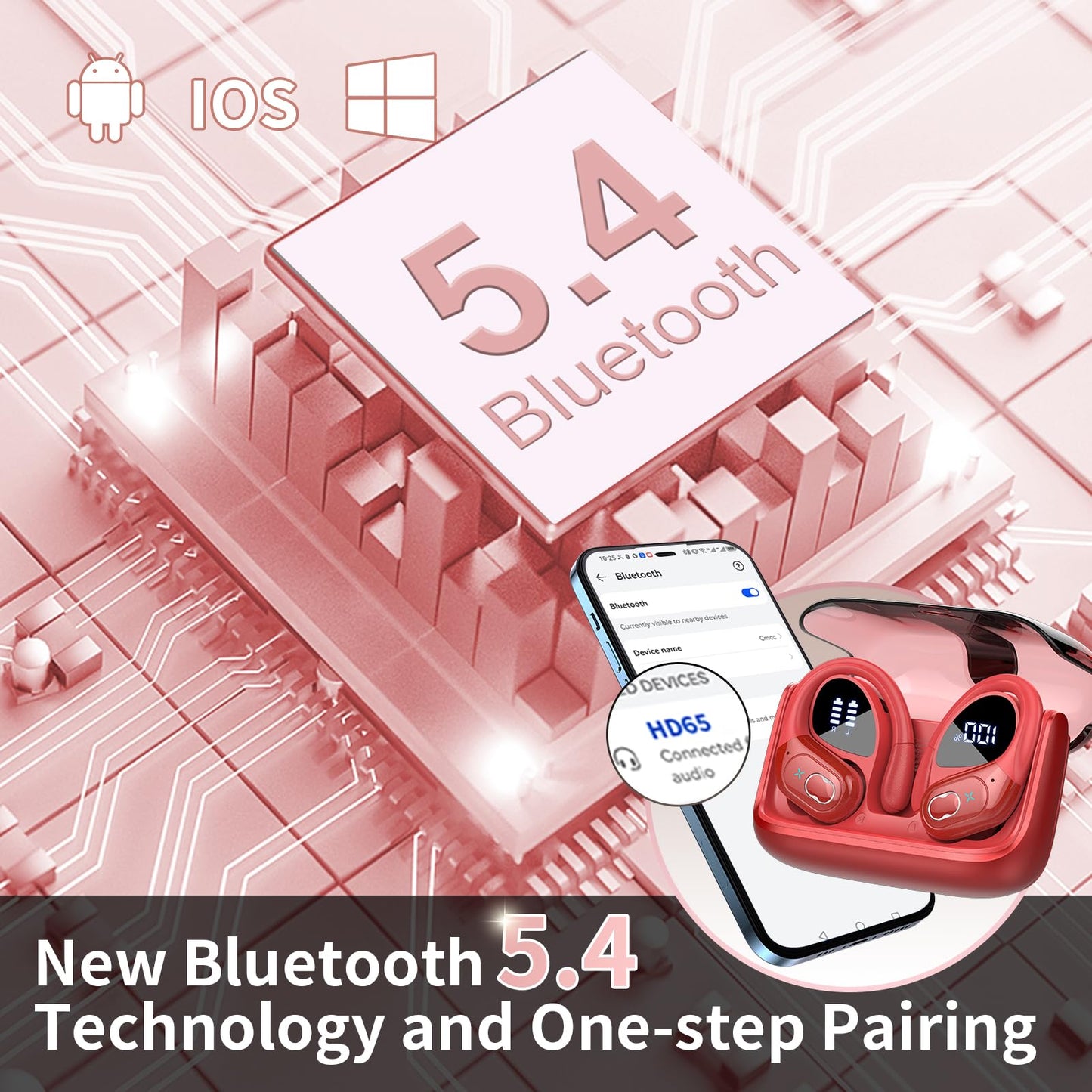 Aptkdoe Wireless Earbuds 75hrs Bluetooth 5.4 Headphone Sport, 2025 Bluetooth Earbuds Stereo Deep Bass Over Ear Bud with Earhooks, ENC Noise Cancelling Mic, IPX7 Waterproof Earphone, Red