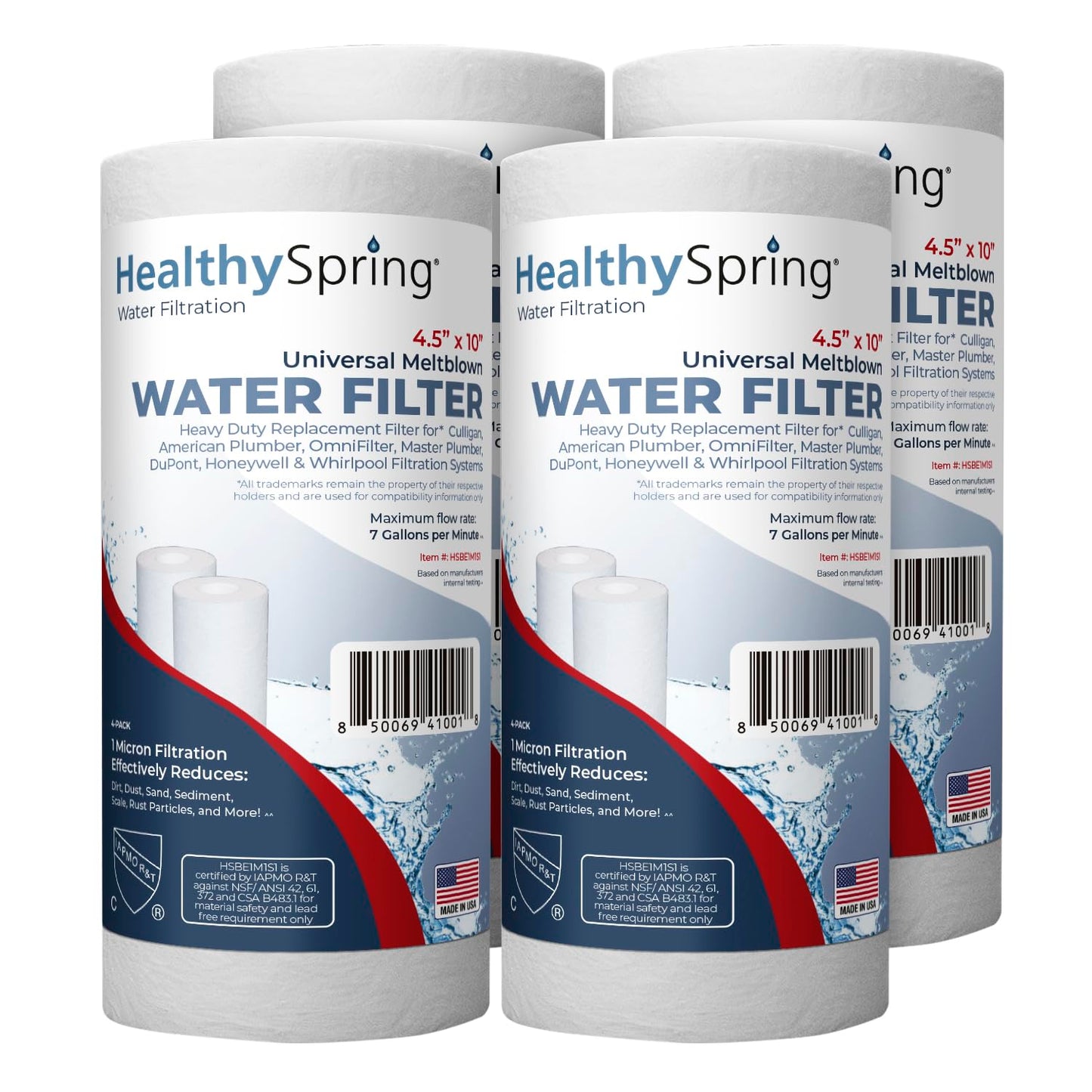 American Made, Sediment Water Filter, 10" x 4.5", Replacement for Pentair Pentek DGD-5005, GE® GXWH40L, GXWH35F, Culligan® RFC-BBSA, 3M® Aqua-Pure® AP810, 5 Micron, Pack of 4