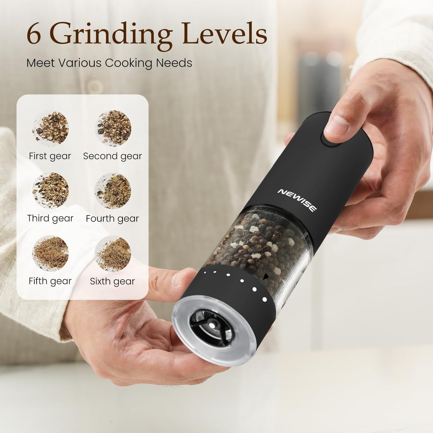 Newise Electric Salt & Pepper Grinder Set, Rechargeable with LED Light & External Coarseness Adjustment, One-Hand Operation, Valentines Day Kitchen Gifts for Him Home Cooks & Families - Black