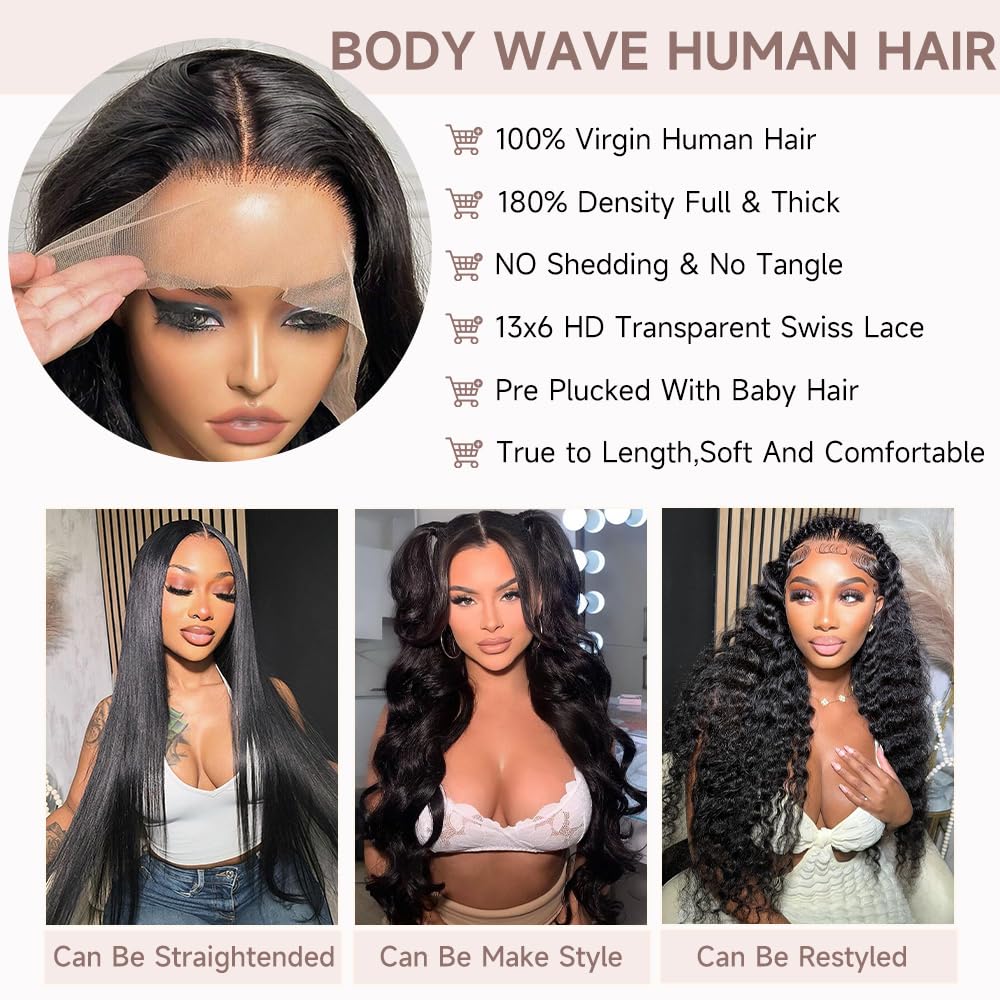 32 Inch 13x6 HD Lace Front Wigs Human Hair Body Wave Lace Front Wigs Human Hair Pre Plucked 200% Density Transparent Lace Frontal Wigs Human Hair Lace Front Wigs Baby Hair Human Hair Wig for Women