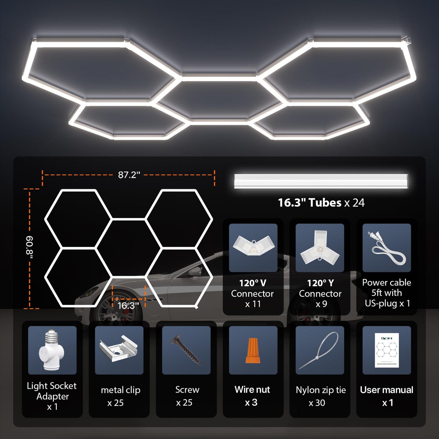 Litezone Hexagon Garage Lights, 5-HEX 240W 5000K Daylight Garage LED Lights, Modular Honeycomb Shop Light for Detailing, Workshop, Home Gym, Warehouse, DIY Workspace