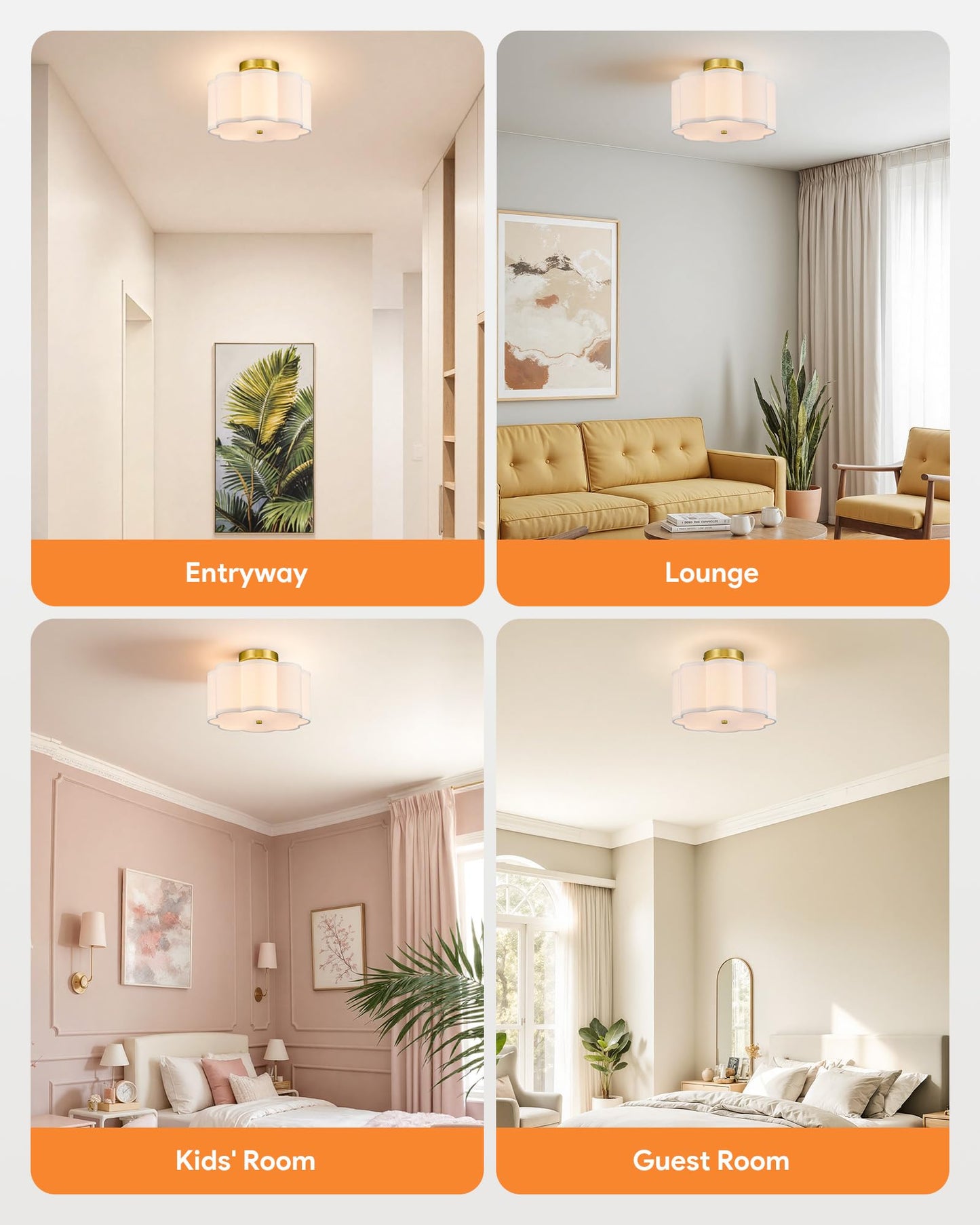 VONLUCE Semi Flush Mount Ceiling Light, 12.6" Ceiling Light Fixture with Flower-Shaped Fabric Shade, 3-Light Modern Light Fixture for Bedroom Living Room Nursery Hallway, White Shade & Gold Finish