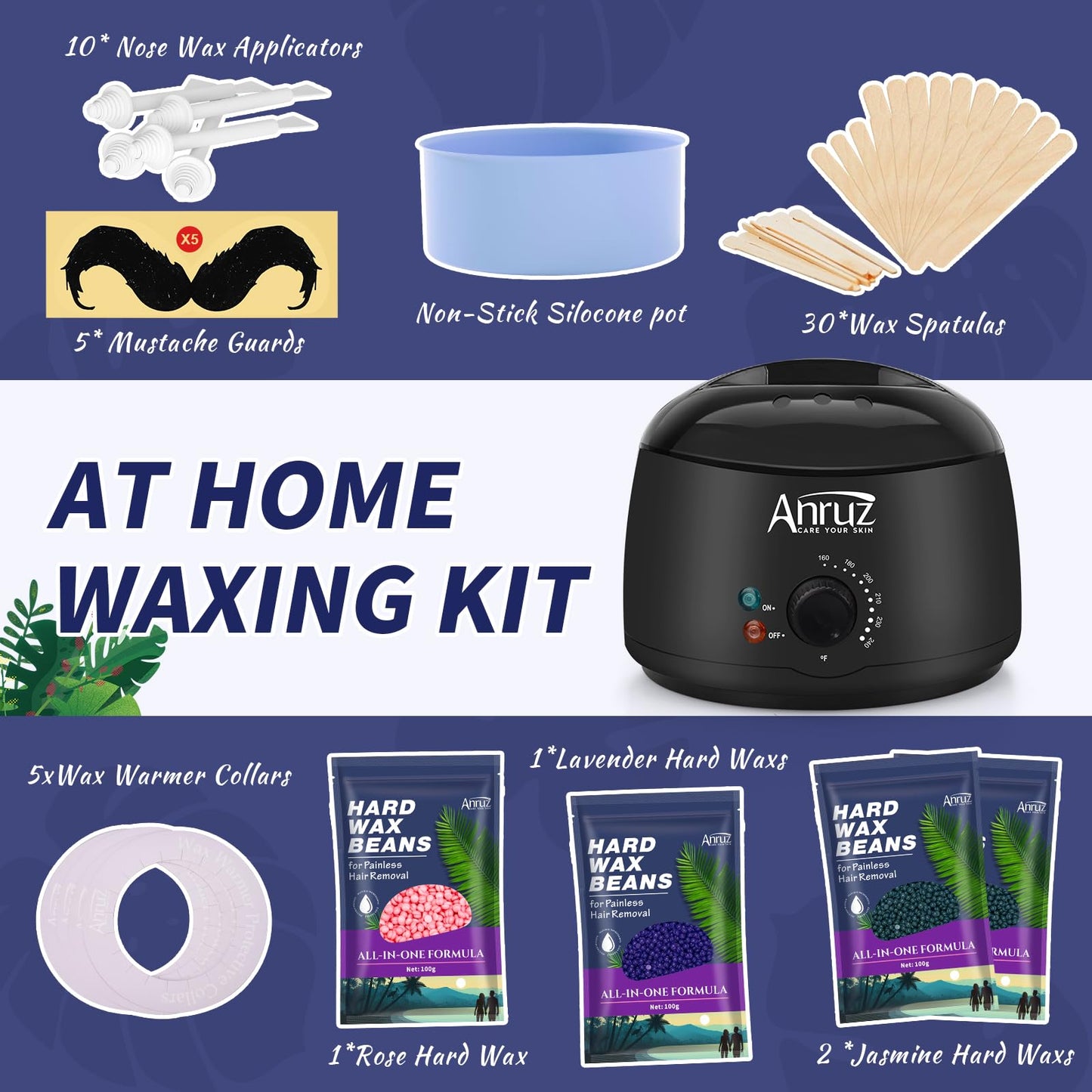 Anruz Waxing Kit for Women Men - Wax Kit for Hair Removal with Silicone Bowl,4 Bags Hard Wax Beads and 30 Applicator Sticks - at Home Use Wax Warmer for Full Body,Bikini,Eyebrow,Face, Sensitive Skin