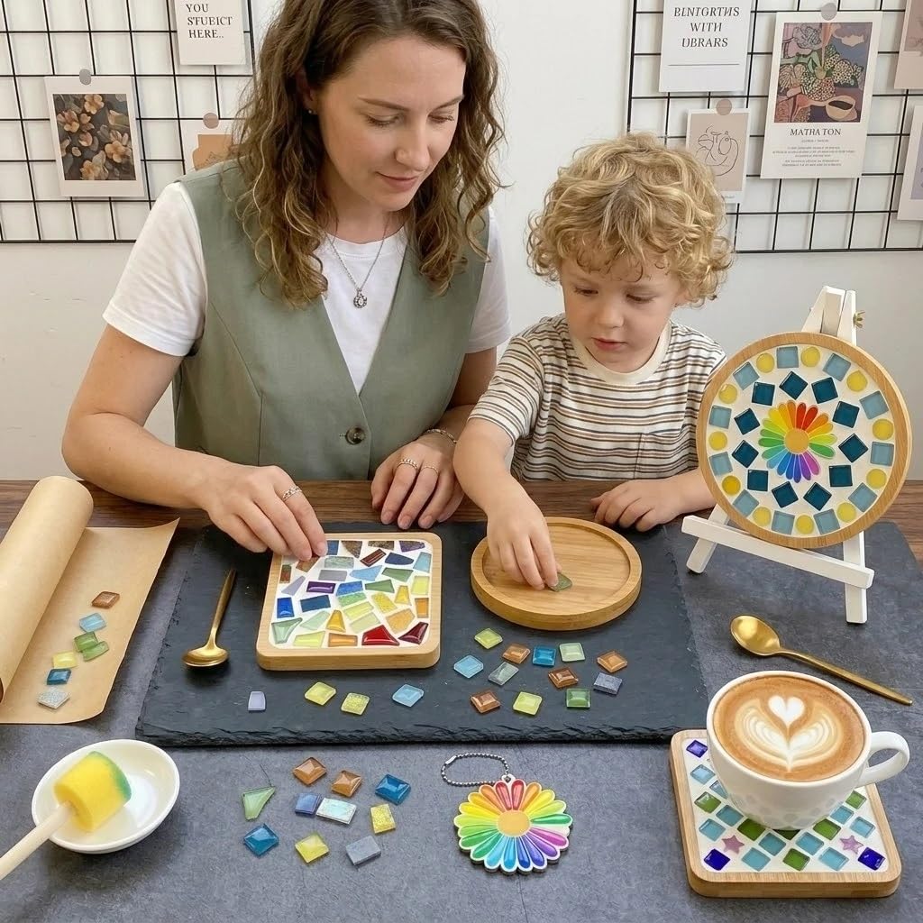 DIY Mosaic Kits for Adults & Beginners - Complete Mosaic Coaster Making Kit with Glass Tiles & Wooden Bases - Ideal Arts and Crafts Projects for Family, DIY Gifts, Christmas Ornaments, and Home Decor