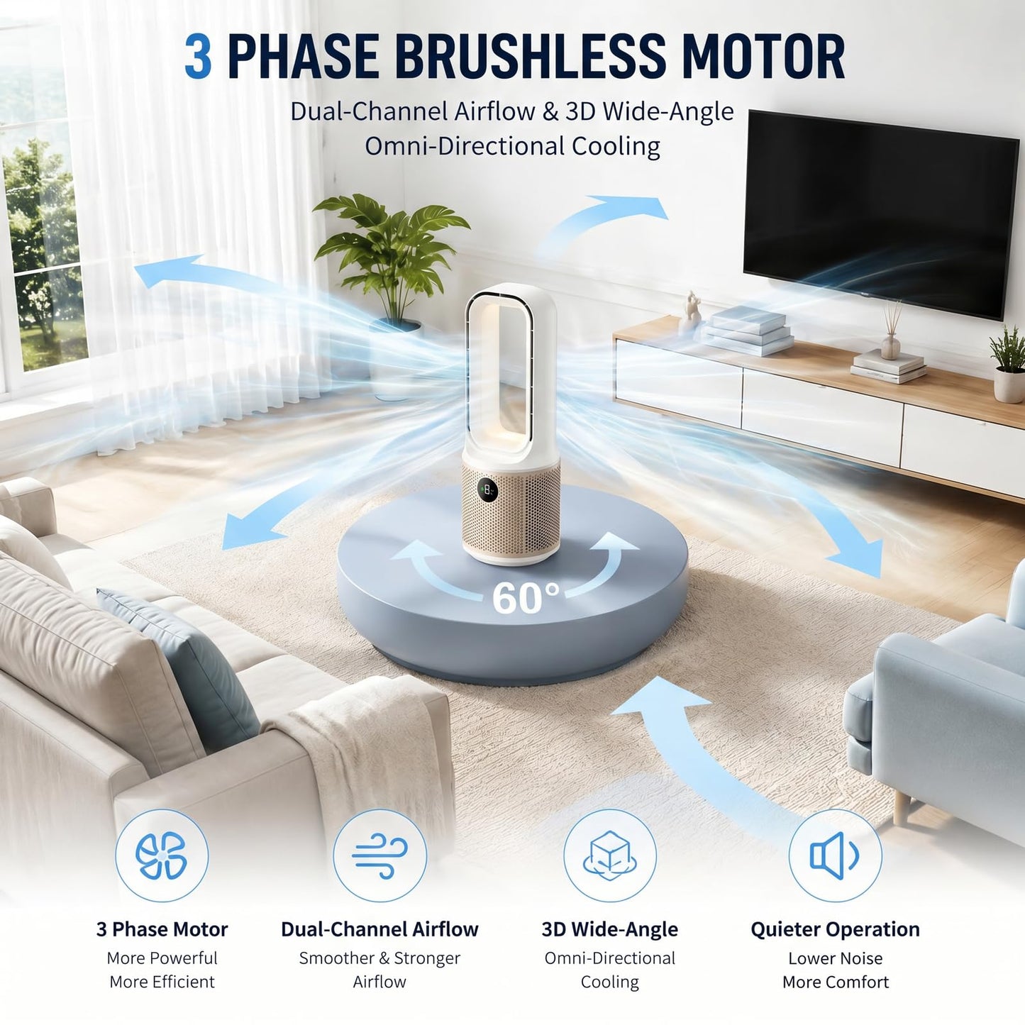 14 Inch Bladeless Desk Fan, USB Rechargeable Personal Cooling_Fan. Small Ultra Quiet, 9 Wind Speeds. 3 LED Night Light. 60°Oscillation. 1-9H Timer Child & Pet Safe for Home Office BedroomDesktop