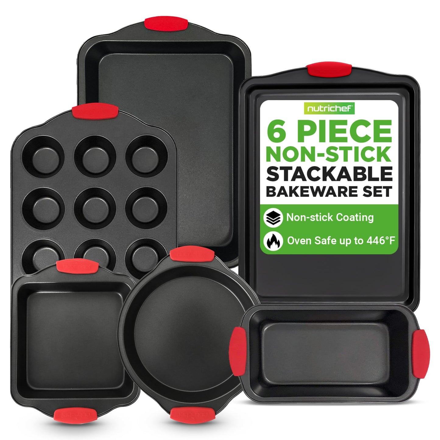 NutriChef Baking Pans Set - 6 Piece Bakeware with Nonstick Carbon Steel for Easy Release and Cleanup, Durable and Versatile Design, Includes Cookie Sheet, Loaf Pan, Muffin Tin & More