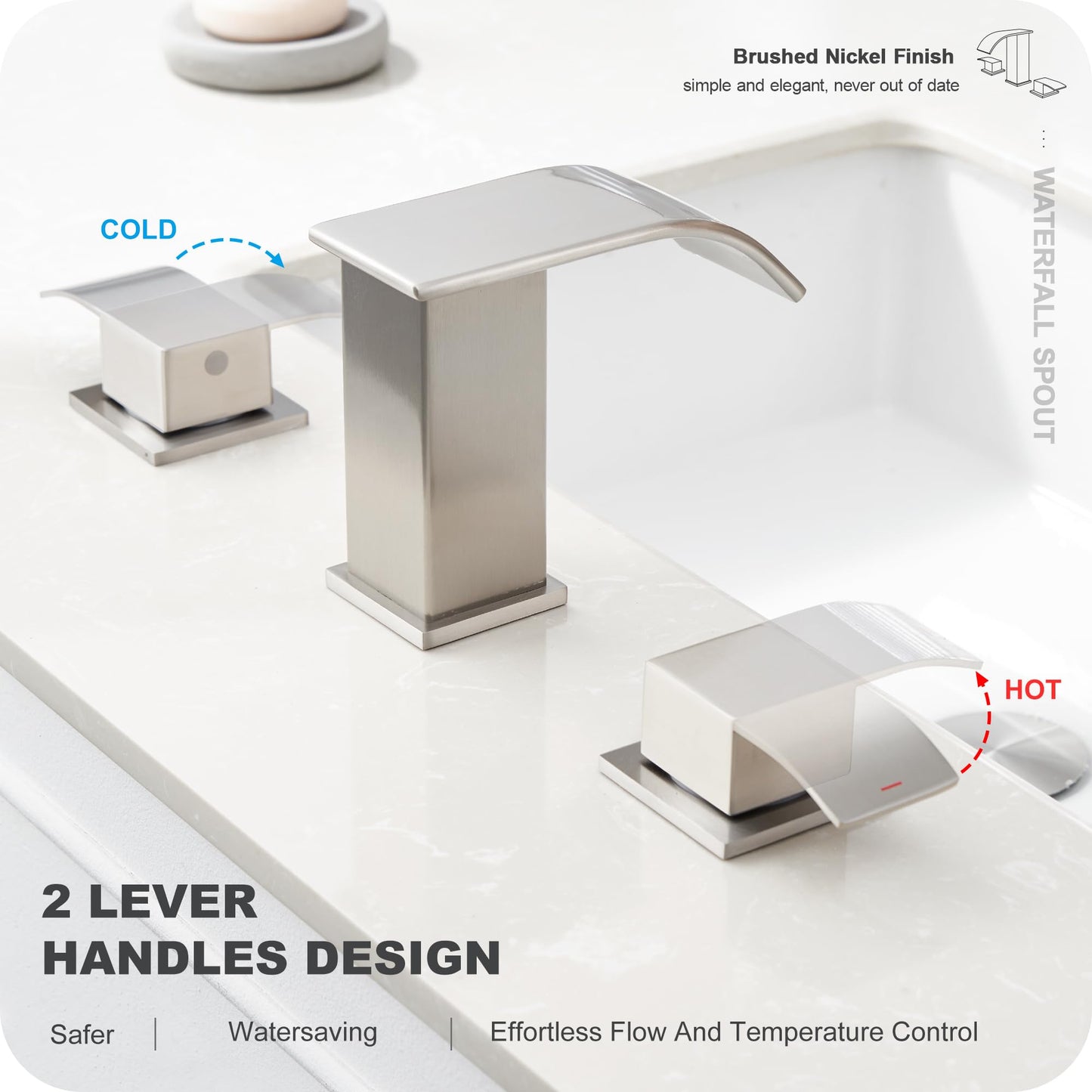 GAGALIFE 8 Inch Waterfall Bathroom Faucets 3 Hole - Brushed Nickel Widespread Bathroom Faucet with Pop-up Drain, Two Handles Bathroom Sink Faucet, Modern Vanity Sink faucets with Supply Lines