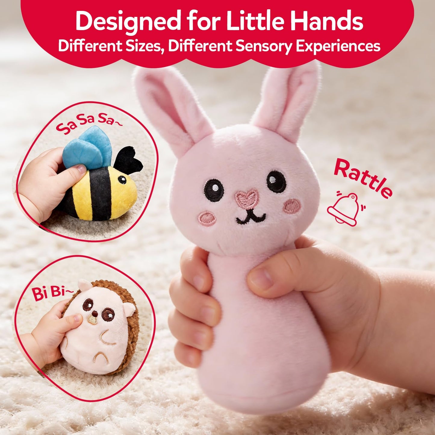 CuteZone Baby Toys 6-12 Months, Stuffed Animals for Babies, Soft Plush Forest Sensory Toy Set with Rattle, Crinkle, Mirror and Tree Stump Storage, Cause and Effect Baby Toy