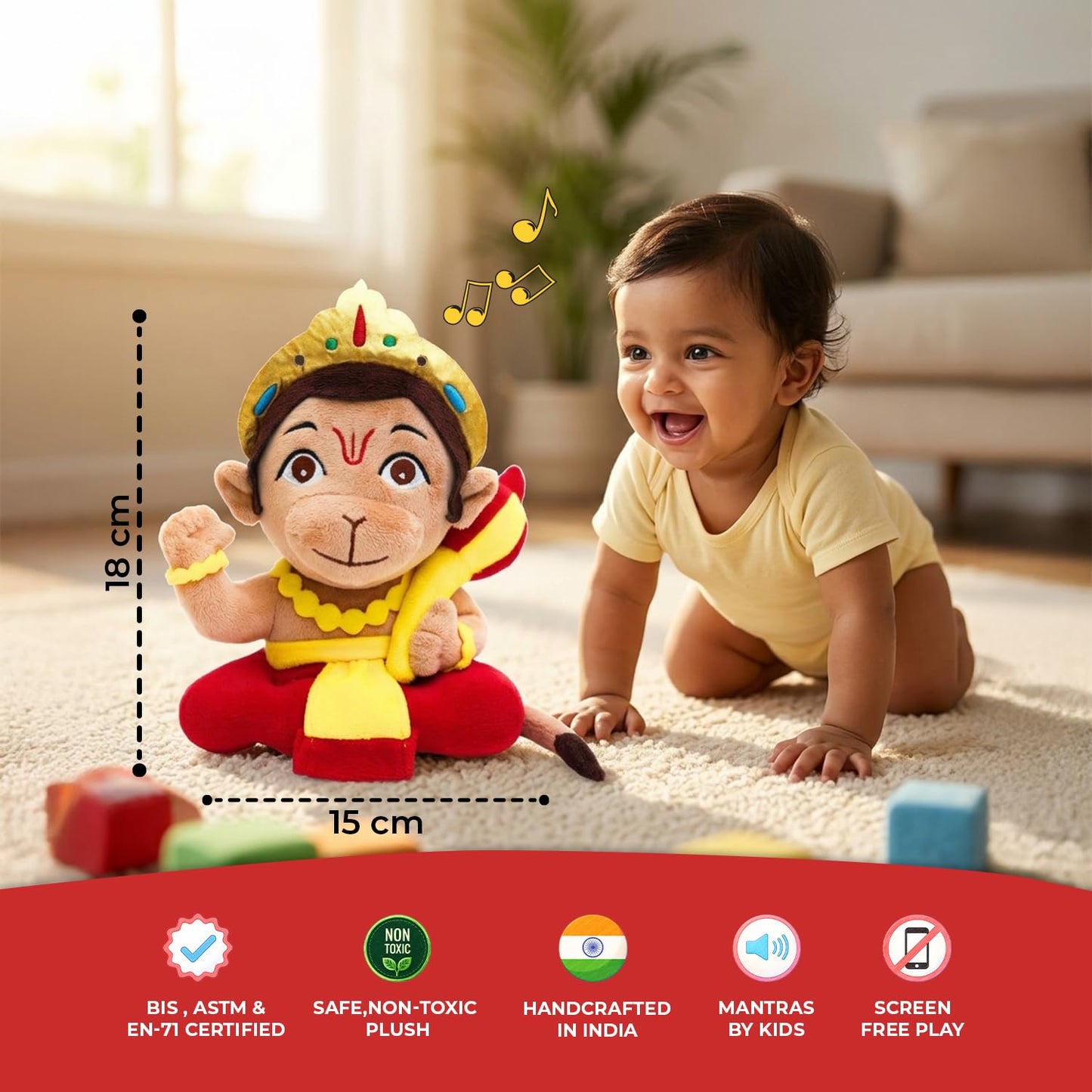 Panda's Box Mantra Chanting Baby Hanuman (Small - 18 CM) | Musical Soft Plush Toy | Best Gift for Infants, Toddlers & Babies