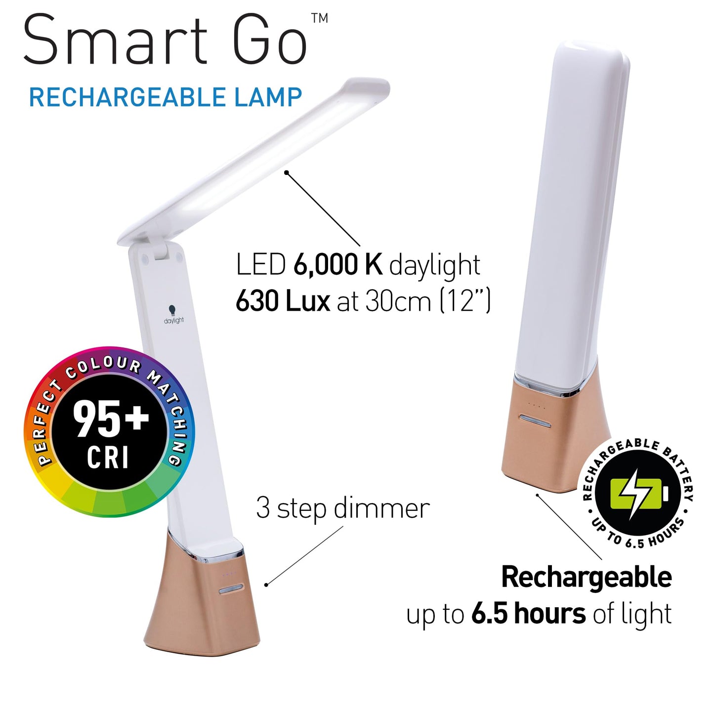 Daylight Company Smart Go Portable Lamp, Ideal for Reading, Light Therapy, Everyday Tasks, Crafts, Desk Work, DIY, Led, Chargeable lamp, 95+ CRI, 1 Count (Pack of 1), White