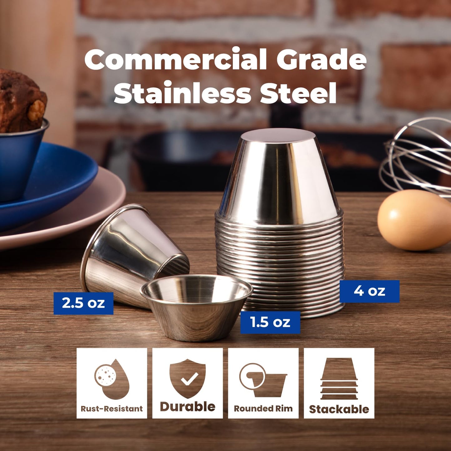 Fit Meal Prep [120 Pack 1.5 oz Stainless Steel Dipping Sauce Cups, Reusable Metal Ramekins, Commercial Grade Condiment Bowls, Individual Portion Cups, Small Round Au Jus Cup for Home, Restaurant