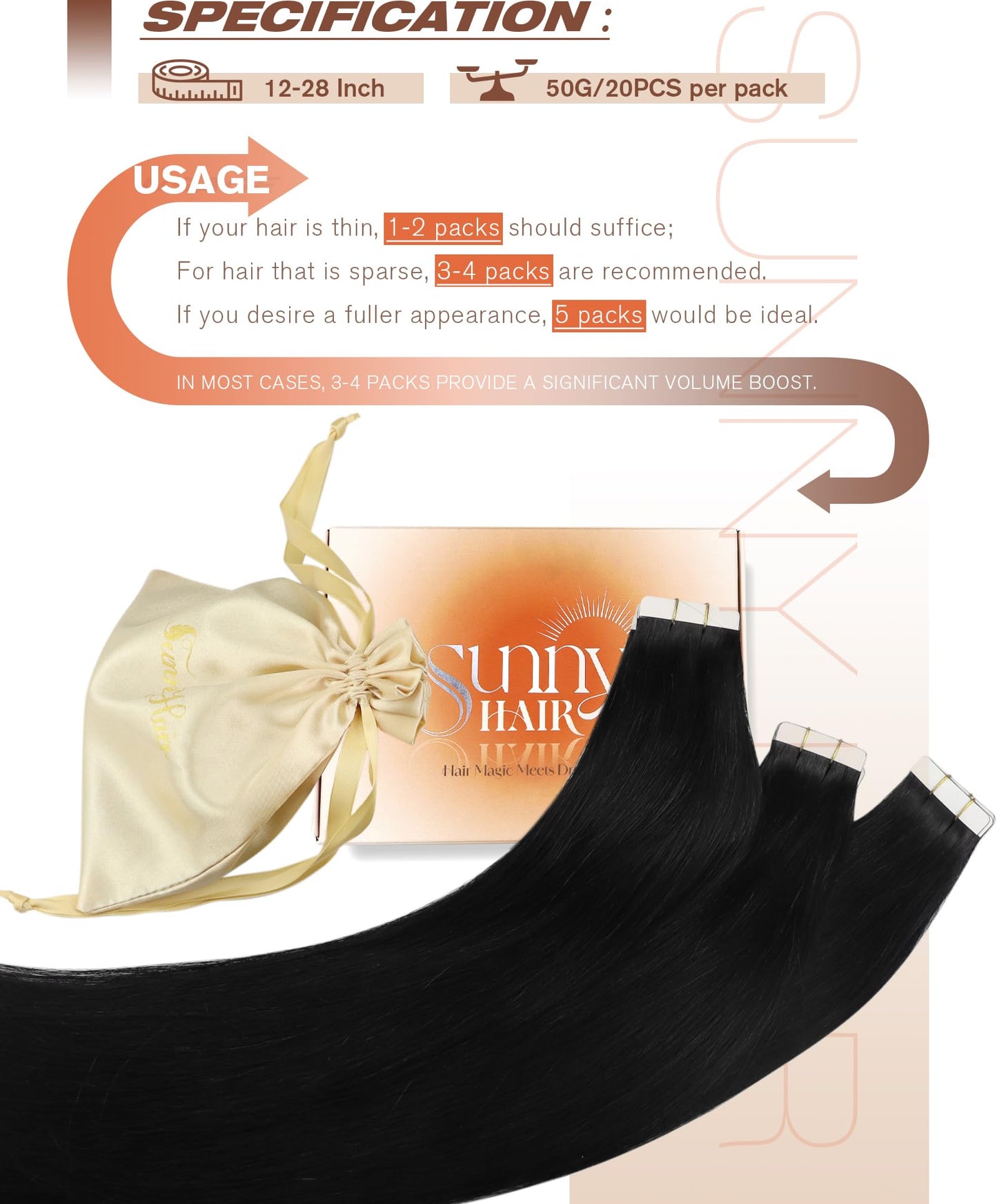 Sunny Hair Black Hair Extensions 24 Inch Tape in Hair Extensions Invisible Tape in Hair Extensions Human Hair Jet Black Invisible Tape ins Human Hair Black Tape in Extensions for Women 50g 20pcs