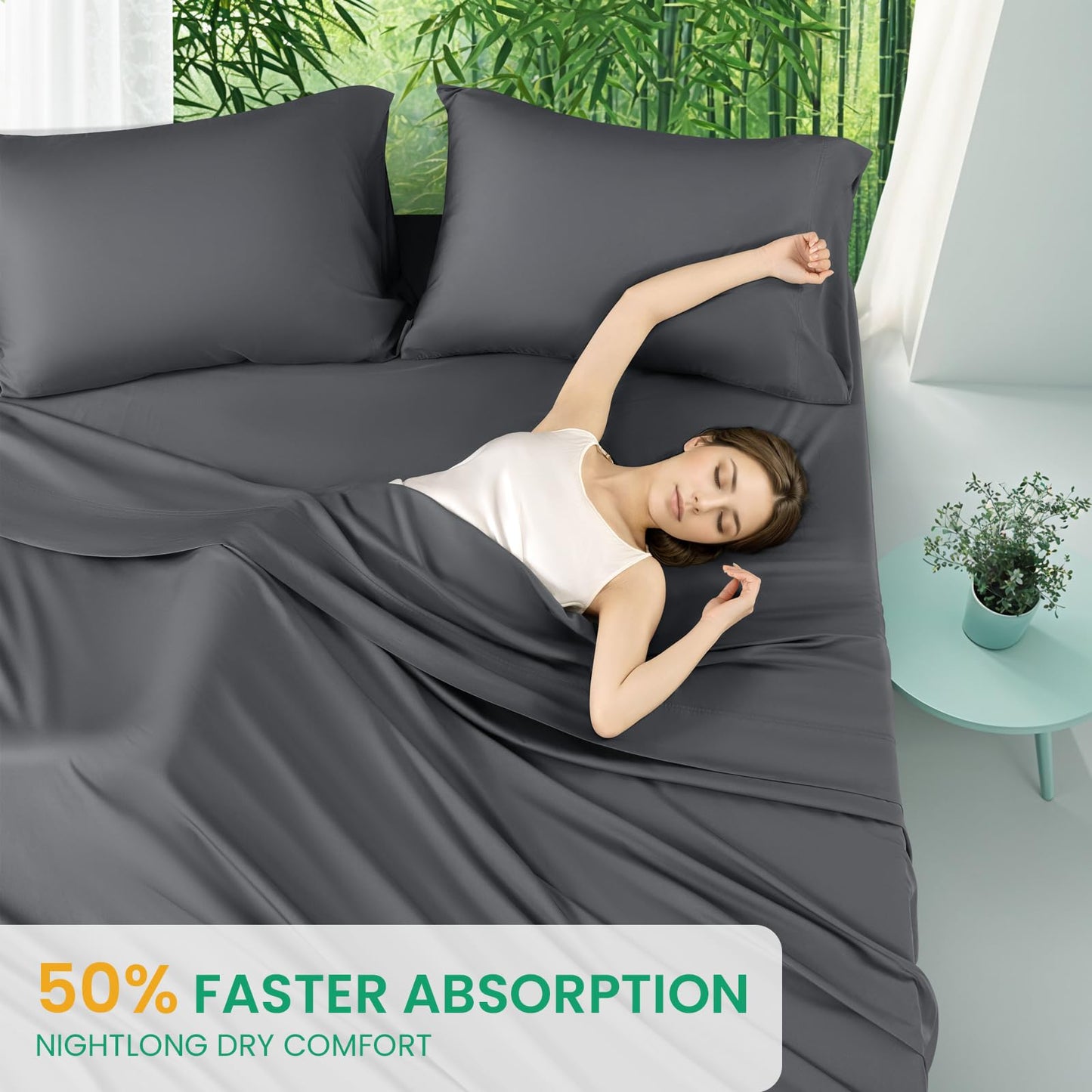SONORO KATE 100% Viscose Derived from Bamboo_Sheets Cal King Size, Ultra Breathable & Cooling Bed Sheets for Hot Sleepers, Hotel Luxury Silky Bedding Sheets, 16" Deep Pocket - 4PC (Dark Grey,Cal King)