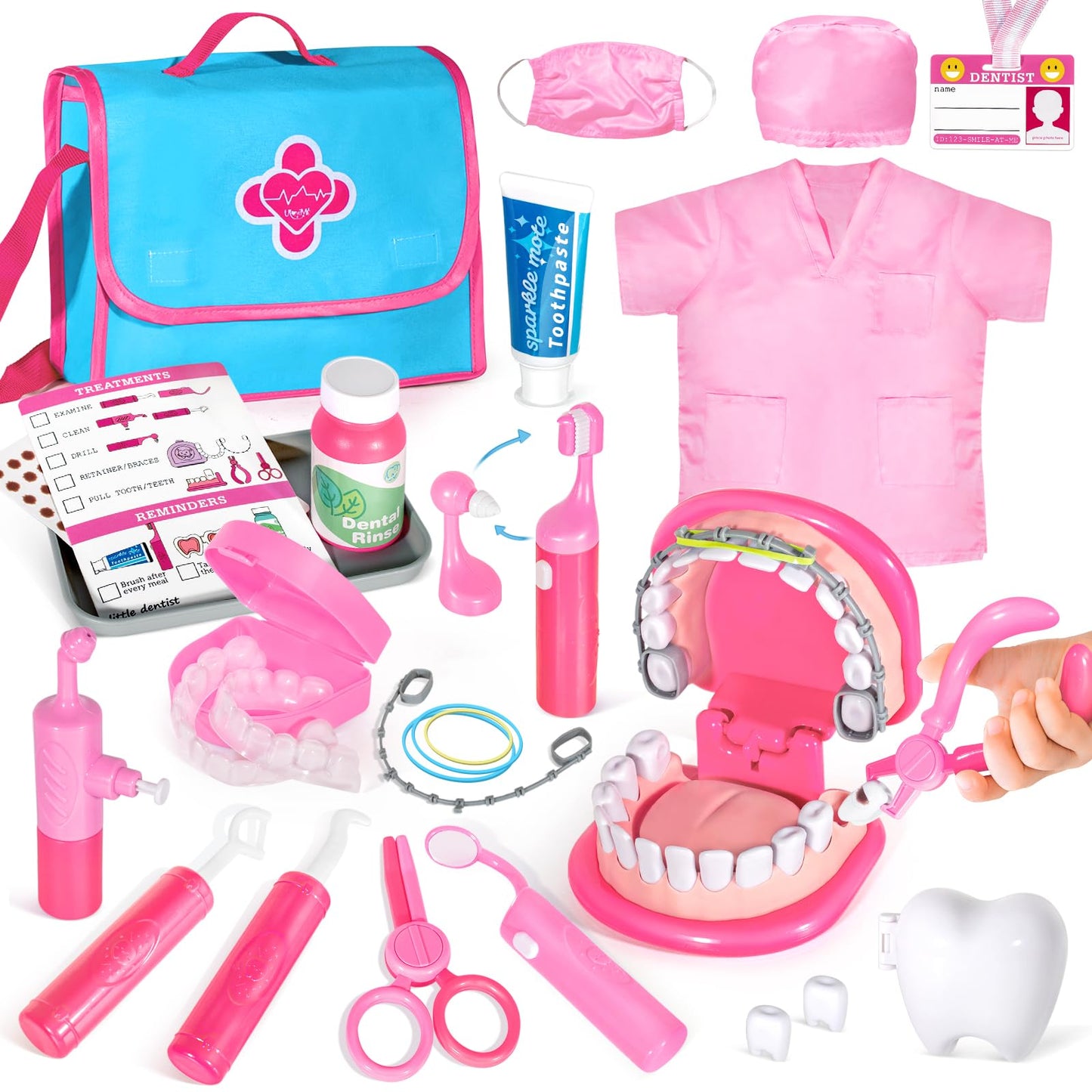ULOVEME Kids Dentist Play Set Pink with Braces /Removable Teeth /Retainer - Doctor Kit for Toddlers 3-5 - Educational Toys for 4+ Year Old Girls - Pretend Play Toy for Ages 5-7 (Pink)