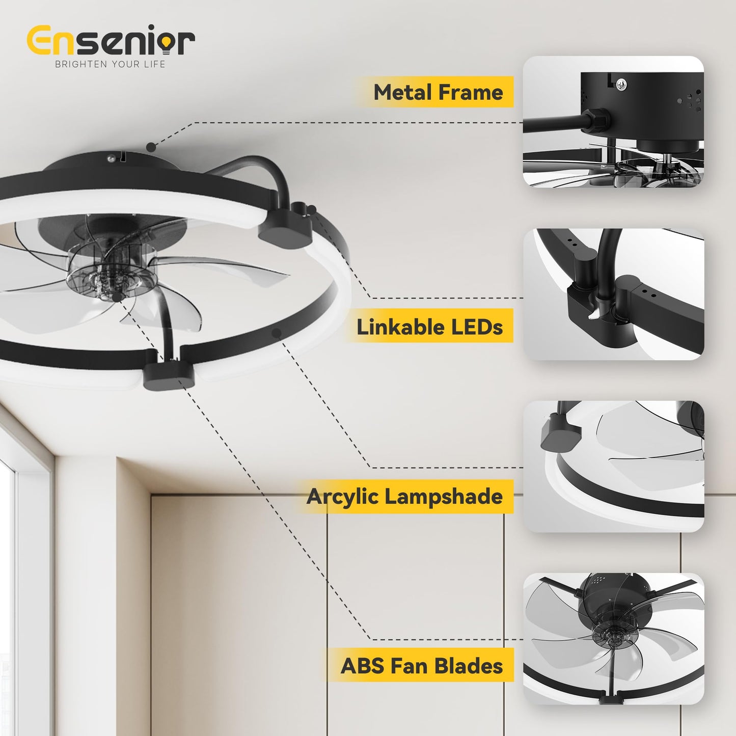 Ensenior Ceiling Fans with Lights and Remote, 20'' Low Profile Ceiling Fan Flush Mount, APP Control, 6 Speed, 3CCT, Quiet Reversible DC Motor, Dimmable Modern Ceiling Fan with Light for Bedroom, Black