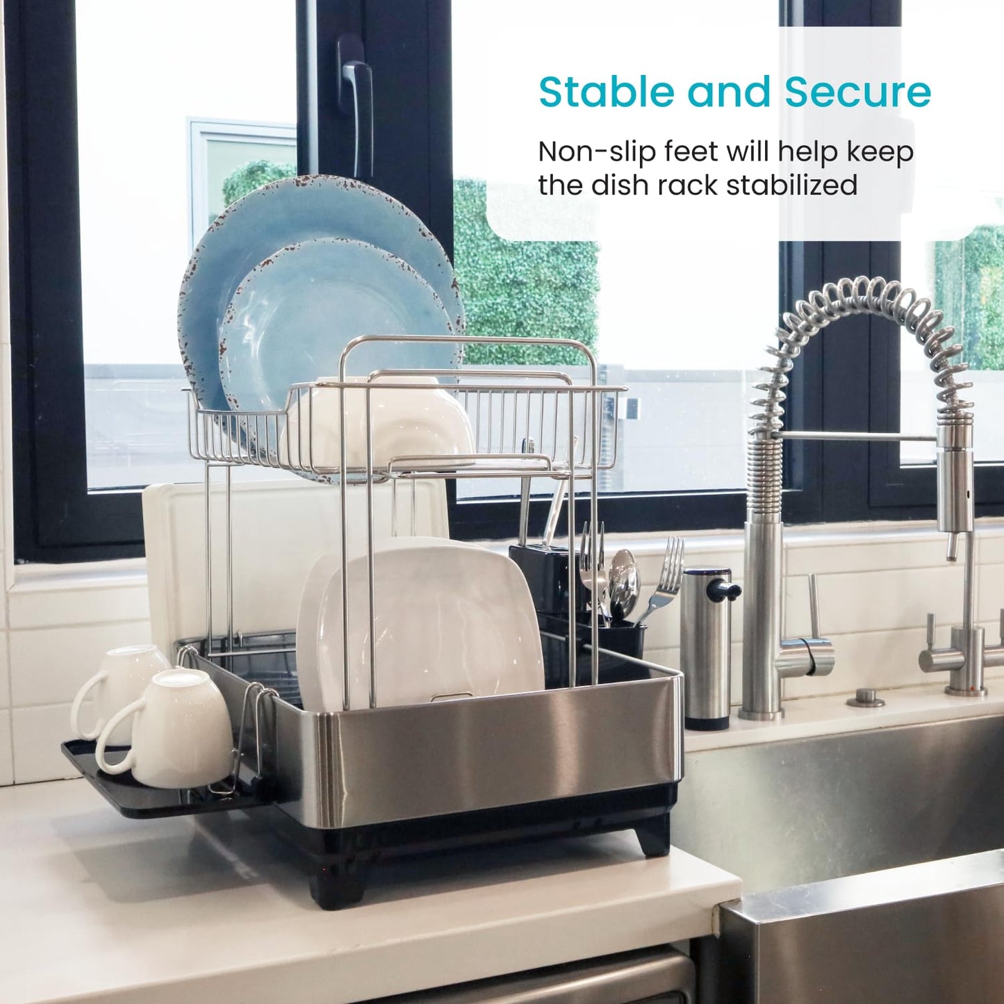 Home Zone Living Large 2-Tier Stainless Steel Dish Drying Rack with Drain Pipe and Utensil Holders