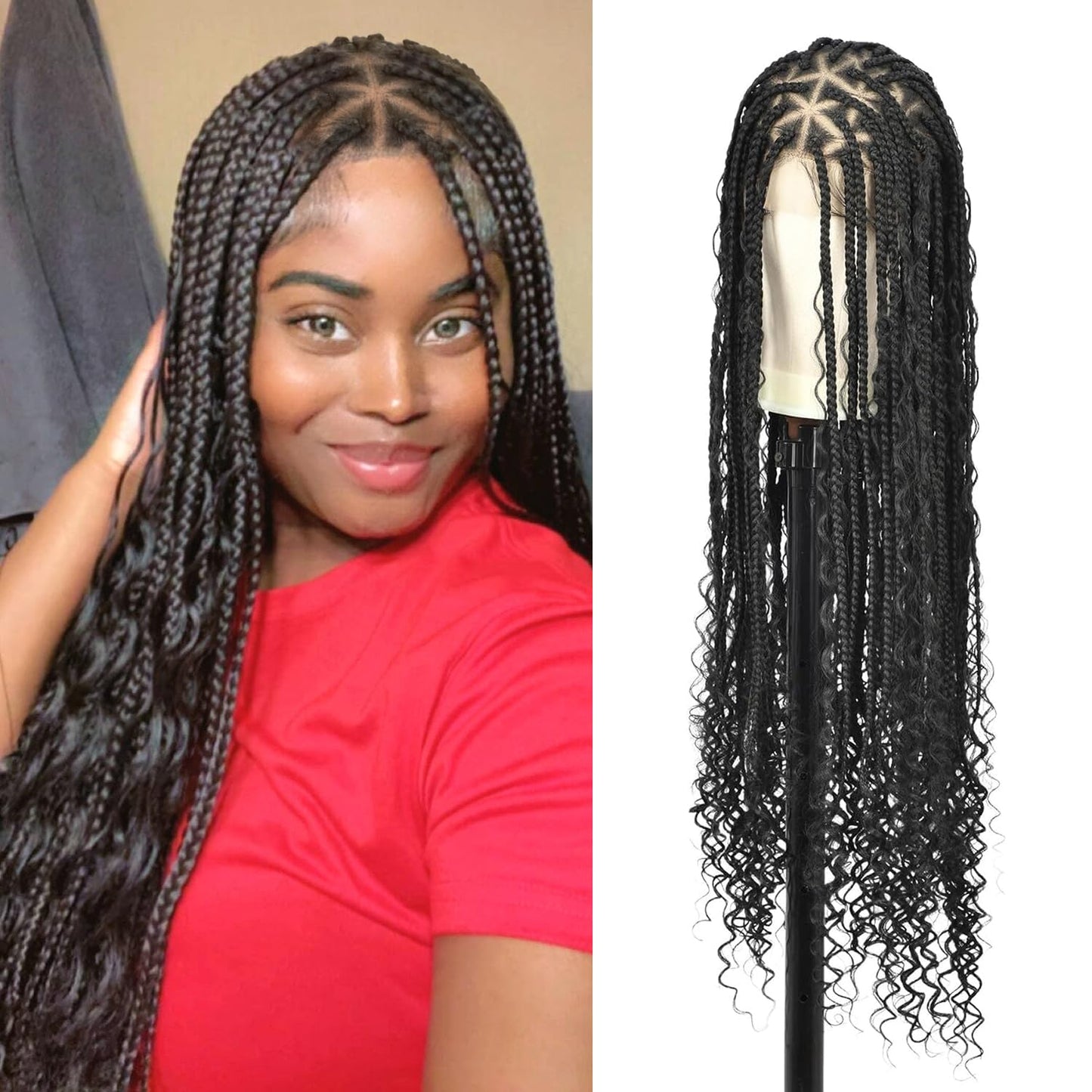 Olymei Boho Braided Wig Box Braid Wig Triangle Knotless Braided Wigs for Women Box Braid with Boho Curls Wig Braided Lace Front Wigs Full Double Lace Front Braided Wigs 36" Black