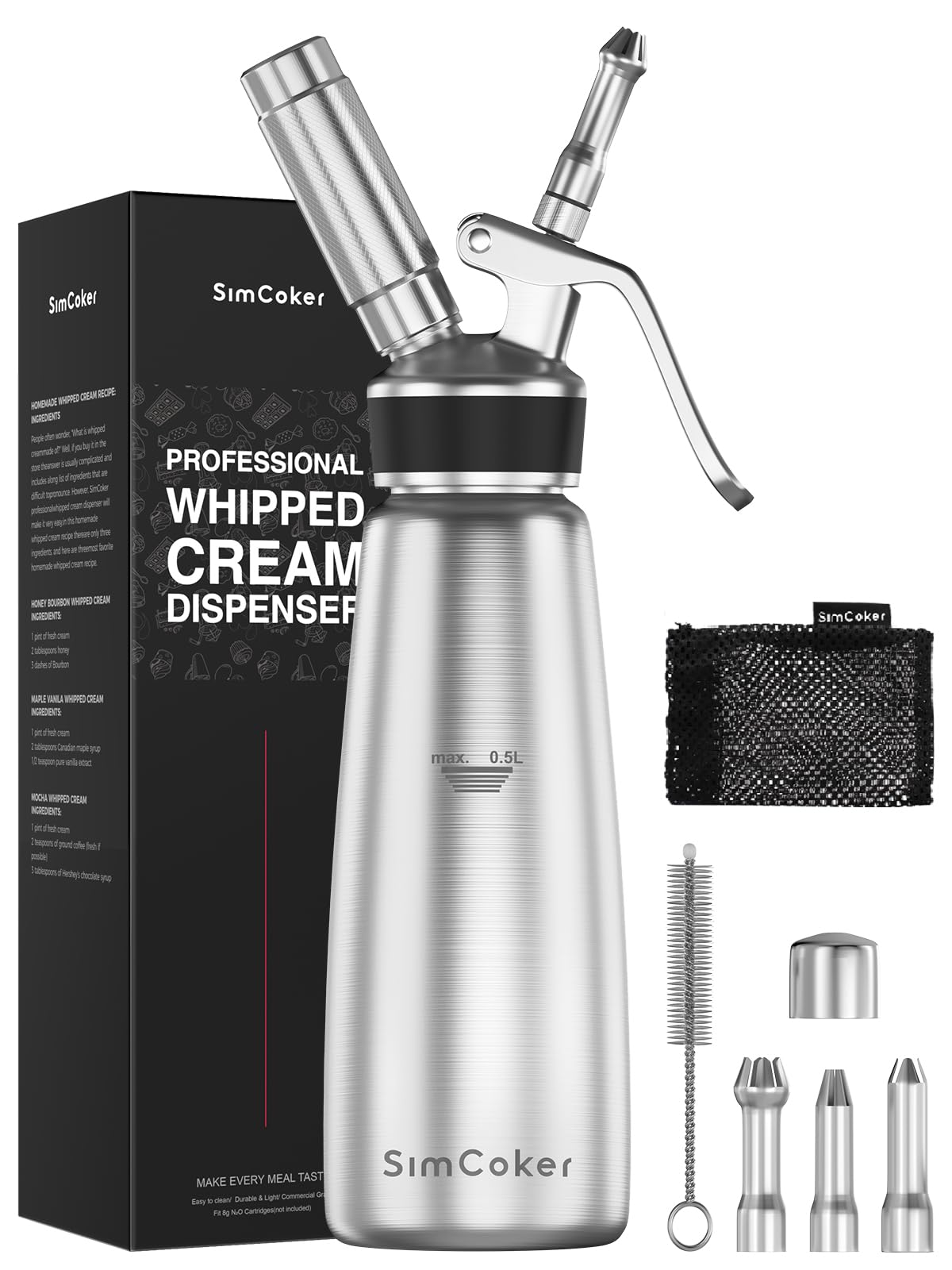 Professional Stainless Steel Whipped Cream Dispenser – 500 mL / 1 Pint, Includes 3 Decorating Nozzles, Cleaning Brush & Storage Bag – Ideal for Desserts, Coffee & Pastries (N₂O Chargers Not Included)