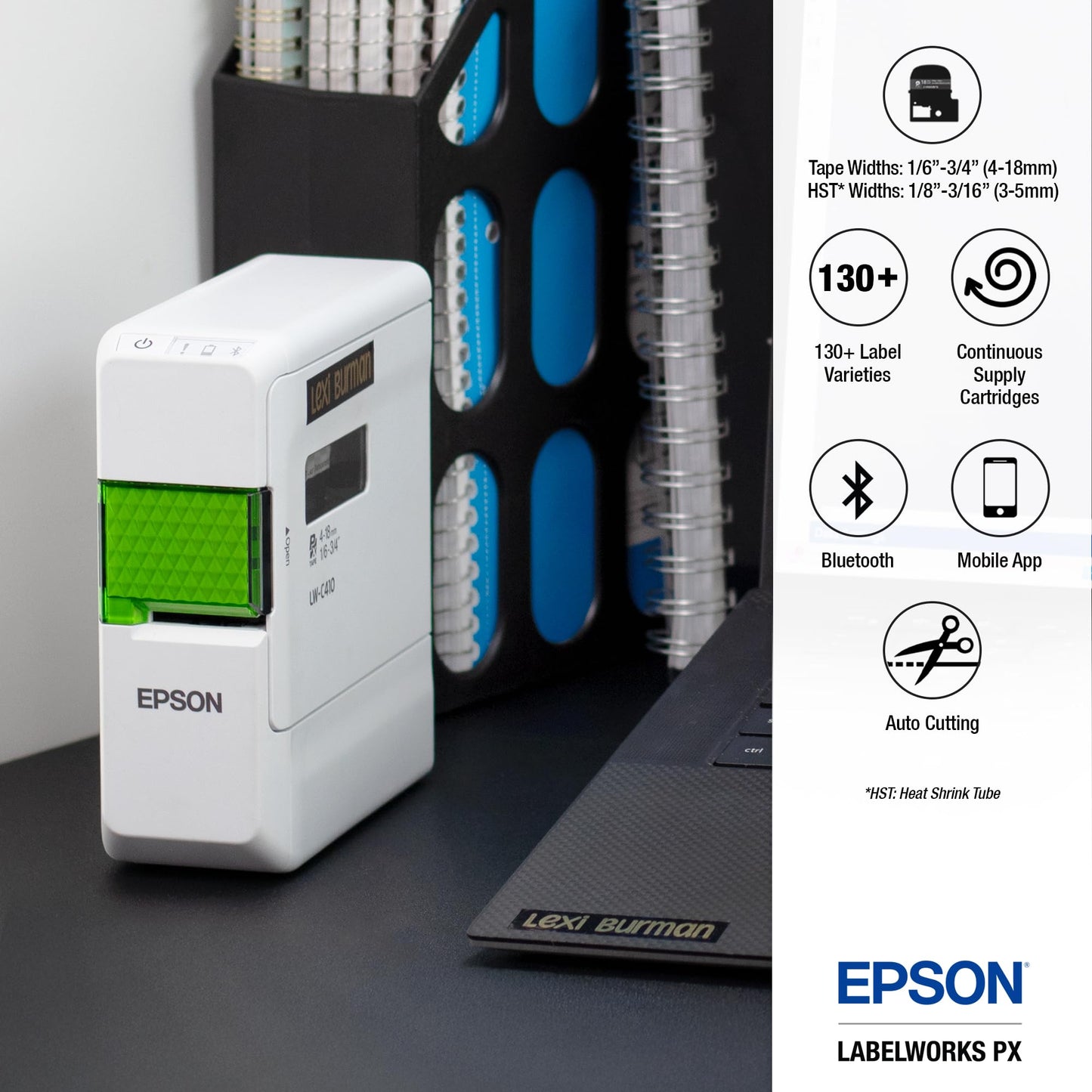 LABELWORKS Epson LW-C410PX Portable Bluetooth Label Machine Printer for Home and Office – Efficient, Create Sticker Labels for Crafts and Organization, Designer Tape Supported, App Compatible