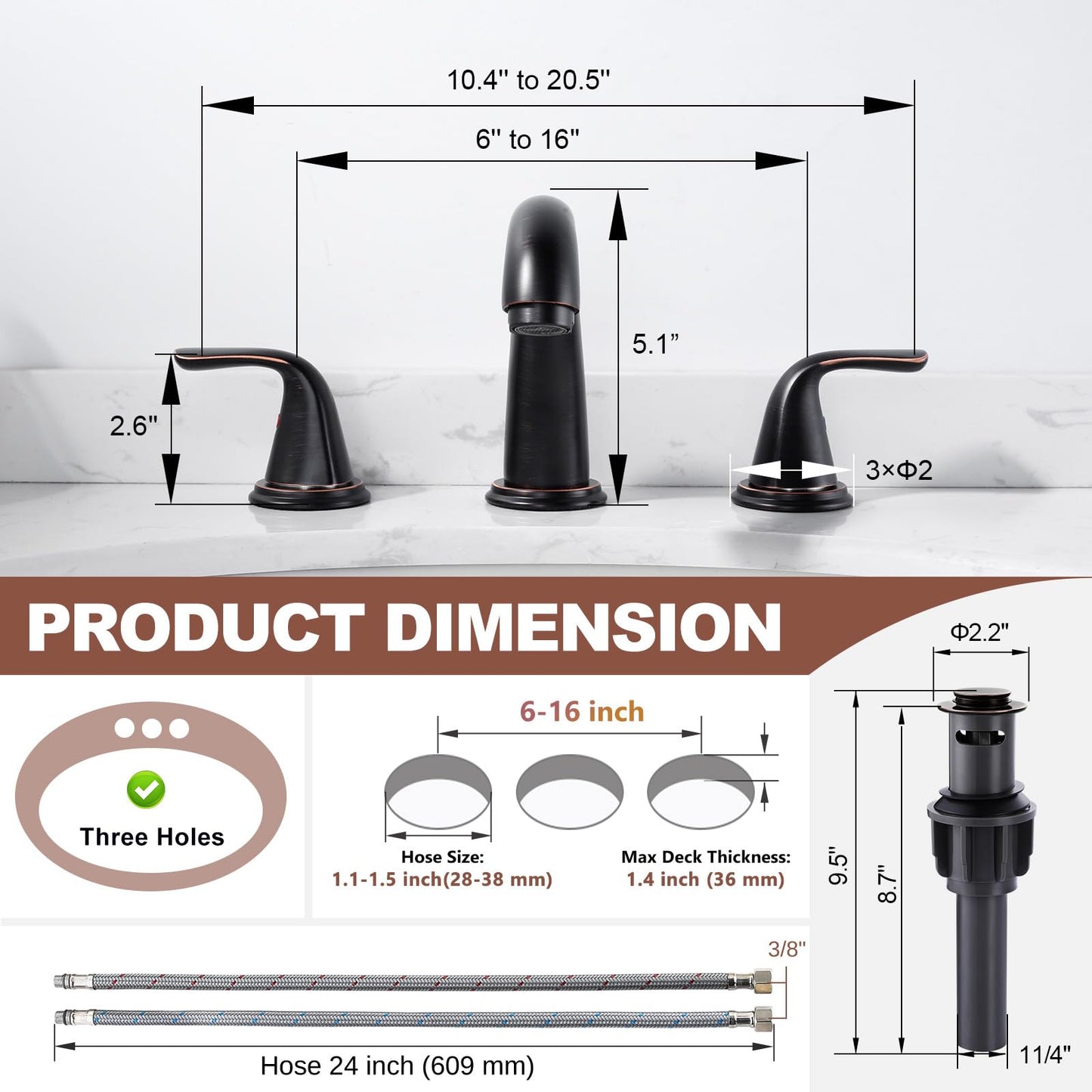 Aleasha Bathroom Sink Faucet 3 Holes Oil Rubbed Bronze, Widespread Bathroom Faucet, Washroom Faucets with Pop Up Drain, Washroom Sink Faucets with 304 Stainless Steel Lead-Free Hose