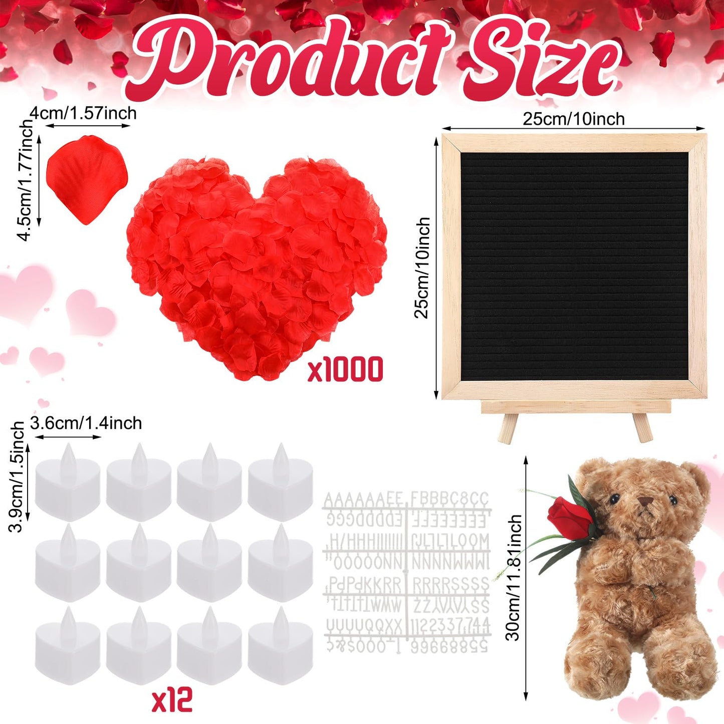 Ceenna Will You Be My Girlfriend Romantic Sign with LED Candles and Artificial Rose Petals, Bear Stuffed Animal Gift with Rose DIY Felt Letter Board Sign for Surprise(Red)