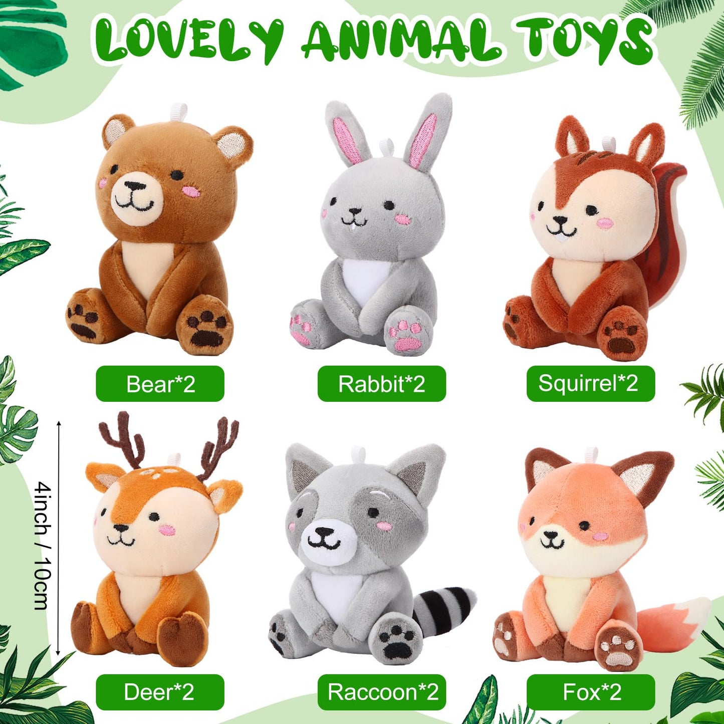 Suilung 12 Pcs Mini Woodland Stuffed Animals Bulk 4'' Woodland Animal Plush Toys Cute Bear Rabbit Raccoon Fox Deer for Baby Shower Party Centerpiece Birthday Gifts Classroom Prizes