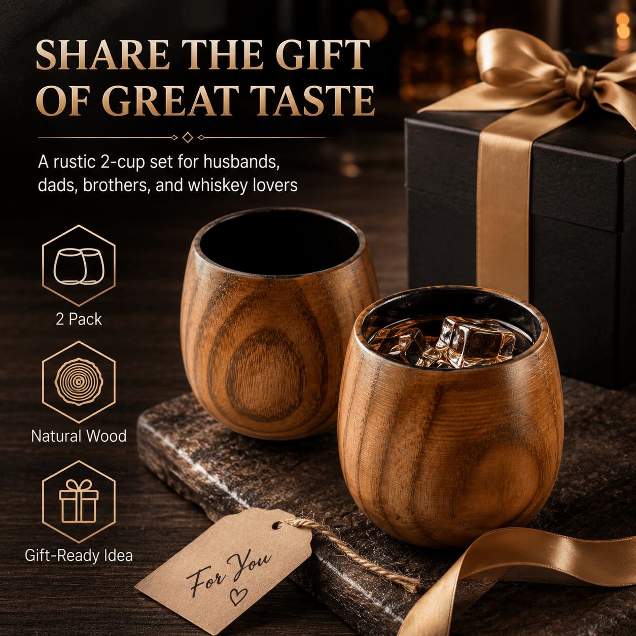 RIFOVN Wooden Whiskey Glasses 10oz, Rustic Bourbon Glasses, Birthday Gifts for Men, Husband, Dad, Brother, Home Bar Drinkware (2 Pack)