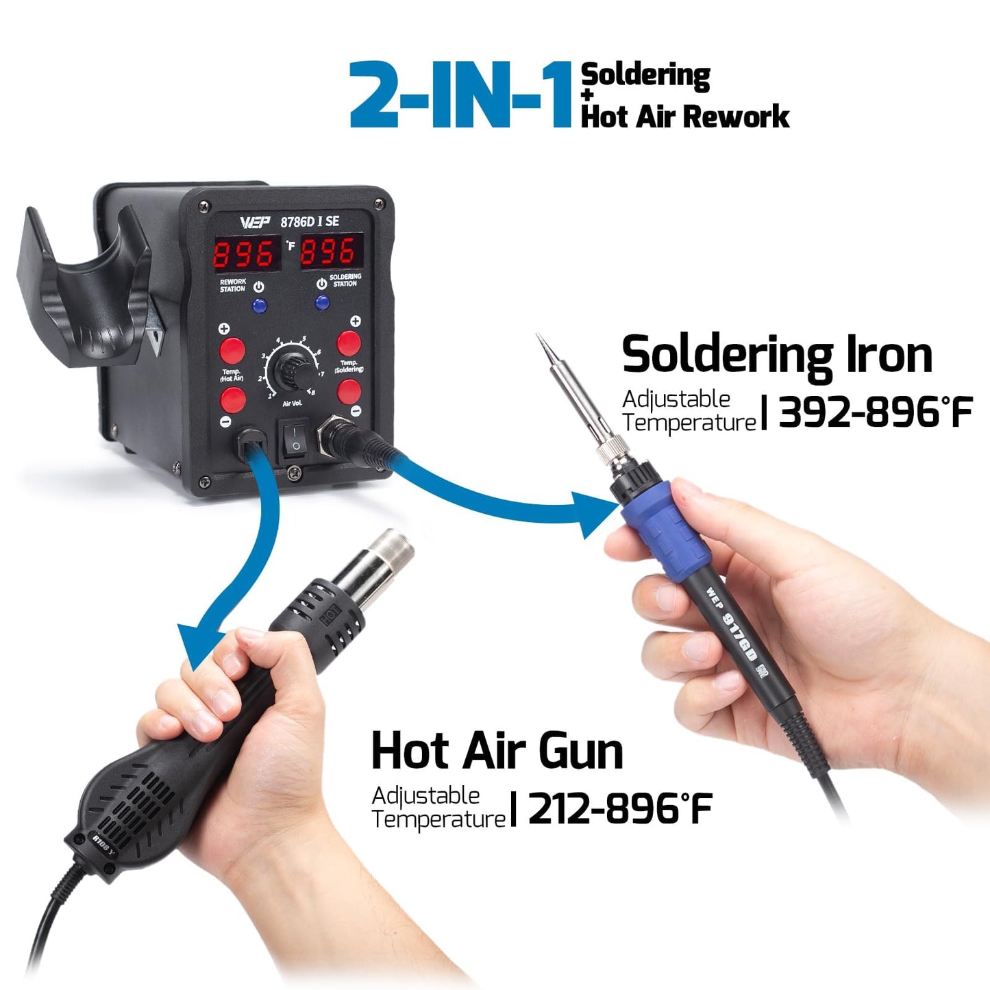 WEP 8786D-I SE Hot Air Soldering Iron Station Kit 2-IN-1 for Rework, Desoldering with Lead-Free Solder Wire, 5 Soldering Tips, 3 Hot Air Nozzles,Tweezers, Desoldering Pump