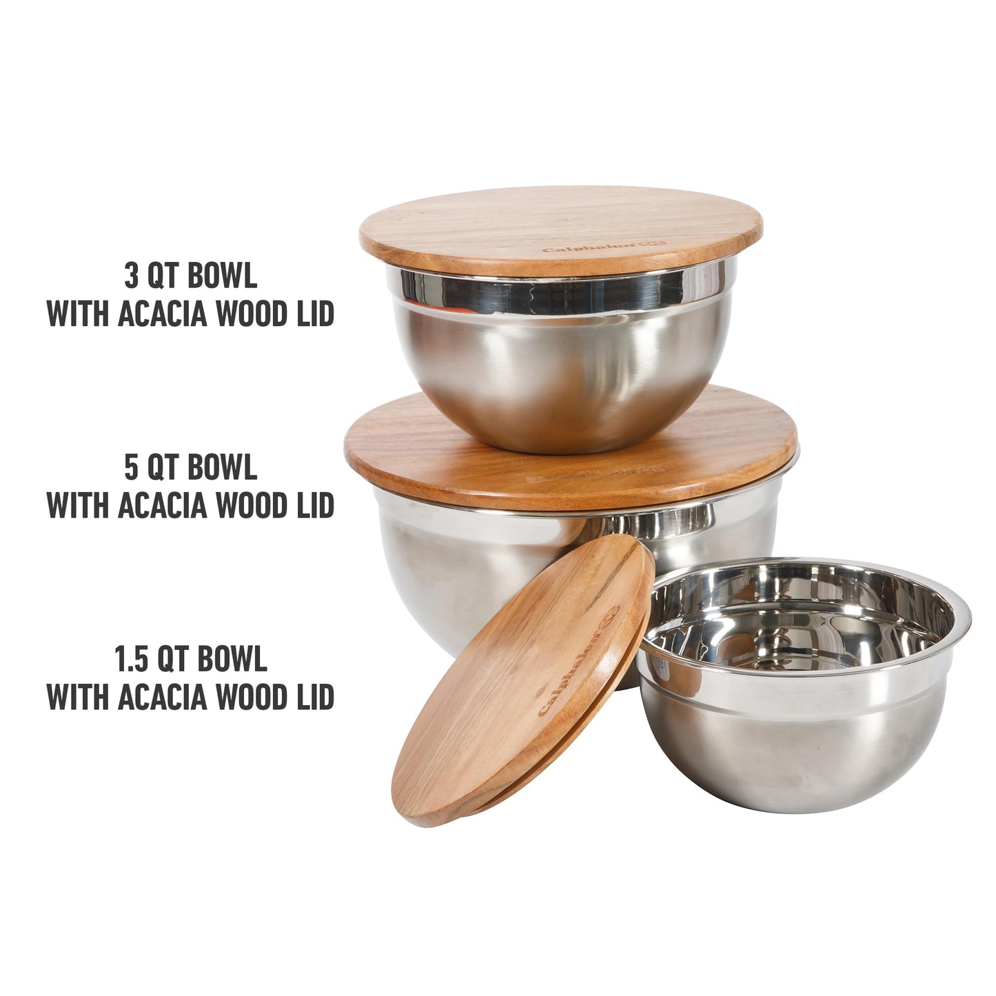Calphalon Orbit Mixing Bowl Set, 3-Piece Stainless Steel Mixing Bowls(1.5 Qt, 3 Qt, 5 Qt) with Acacia Wood Lids & Non-Slip Base, Kitchen Prep Bowls for Mixing, Serving & Food Storage