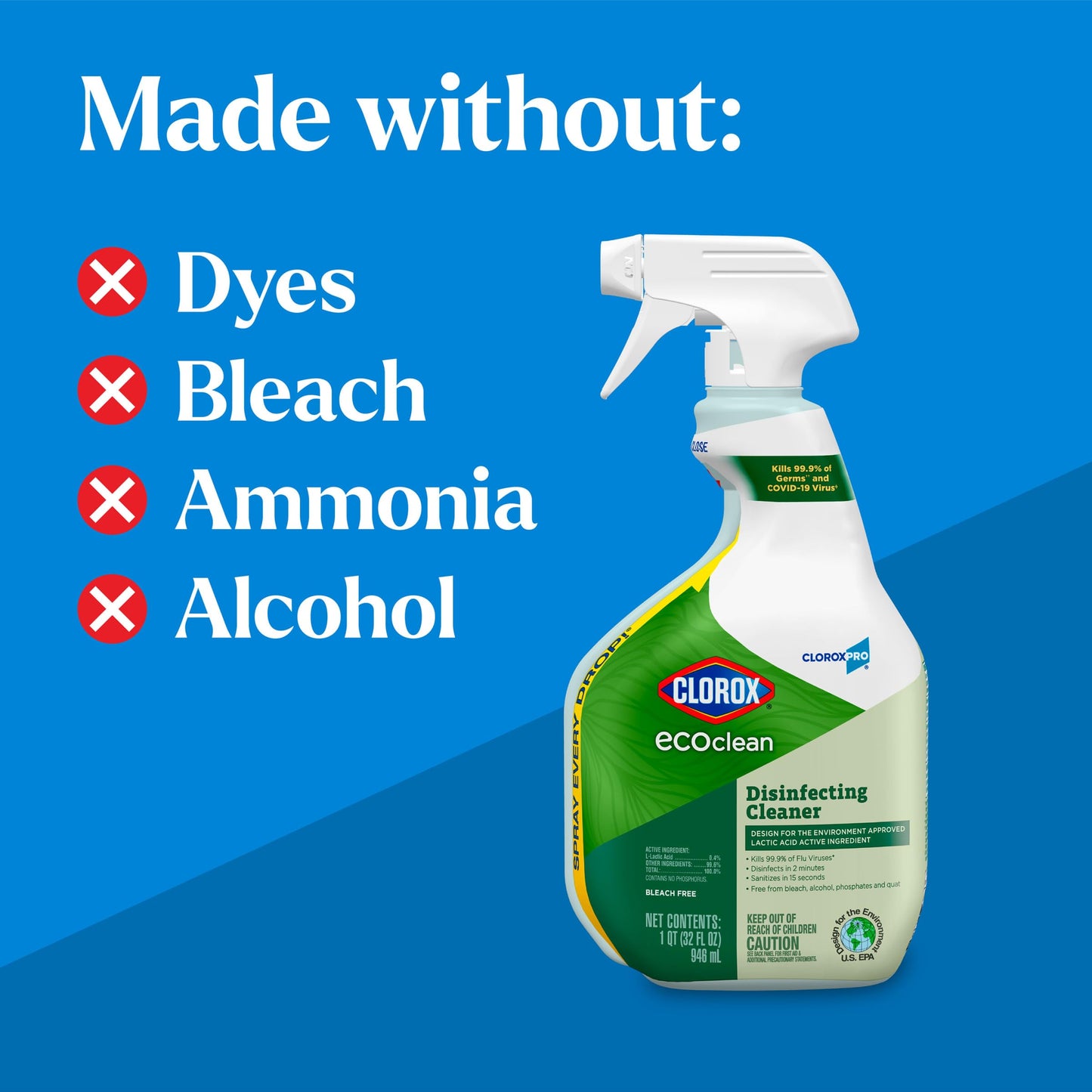 CloroxPro Clorox EcoClean Disinfecting Cleaner Spray Bottle, 32 Fluid Ounces, Pack of 9 (Package May Vary)