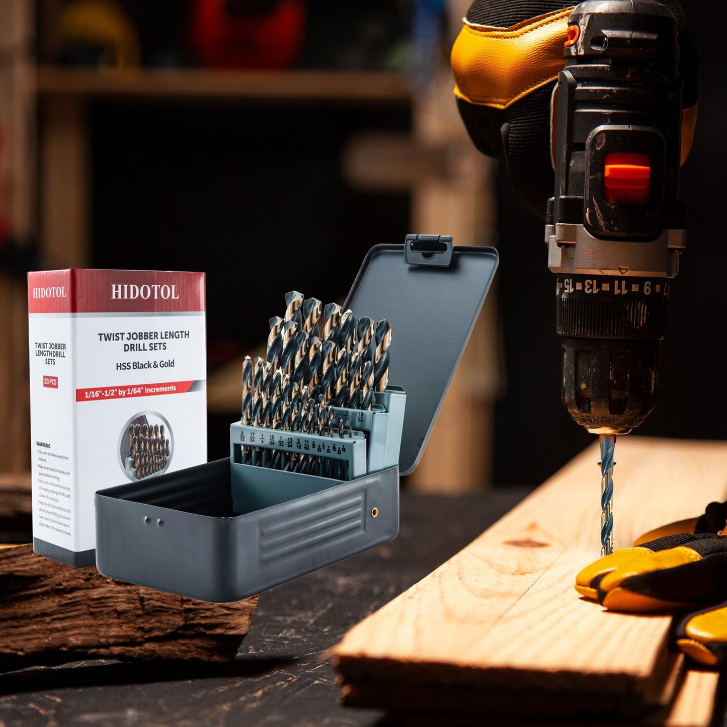 HIDOTOL Drill Bit Set 29Pcs, 135 Degree Tip High Speed Steel with Black and Gold Finish, Stainless Steel, Plastic and Wood with Metal Indexed Storage Case 1/16"-1/2"