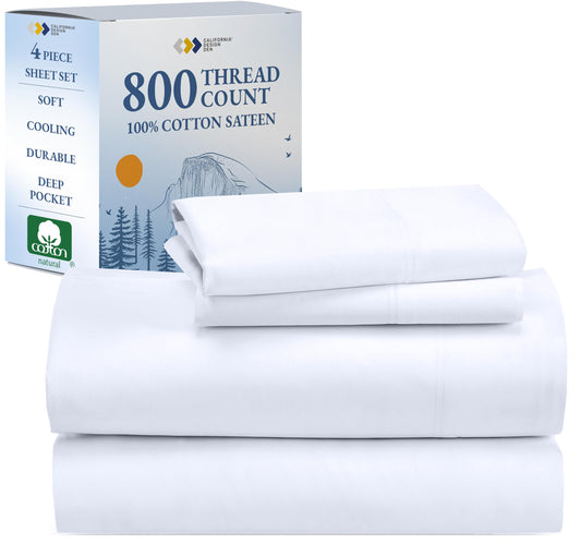 California Design Den Luxury 800 Thread Count King Size Sheets Set - 100% Cotton Sheets, Soft Sateen, Deep Pockets with Anti Skid Elastic for a Snug Fit, Cool & Durable Bedding Set - White