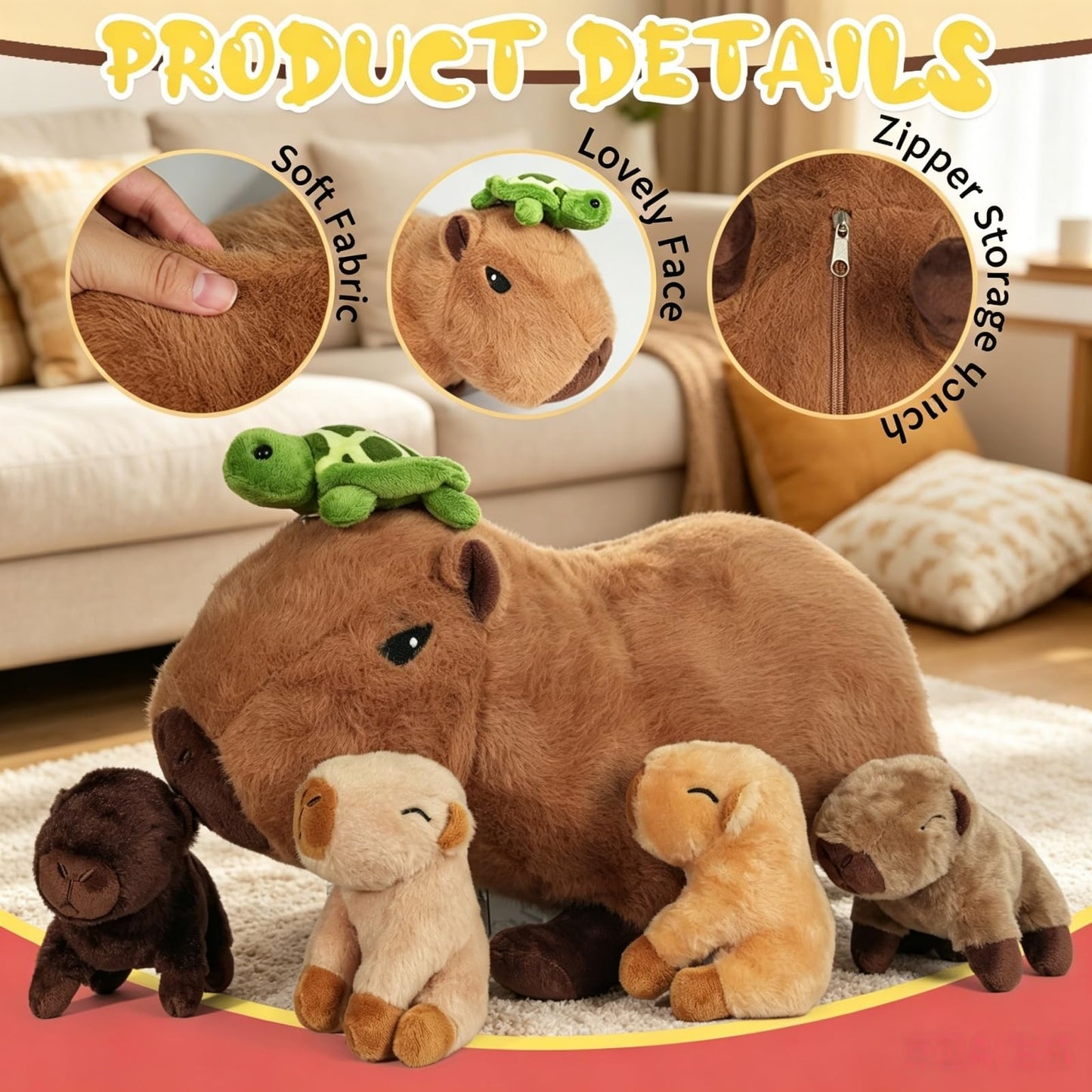 Youthfuljive 5 Pcs Capybara Plush Toys, 14.2“ Mommy Capybara Stuffed Animals with Turtle and 4 Cute Babies, Soft Stuffed Capybara Plushie for Kids Girls Boys Birthday