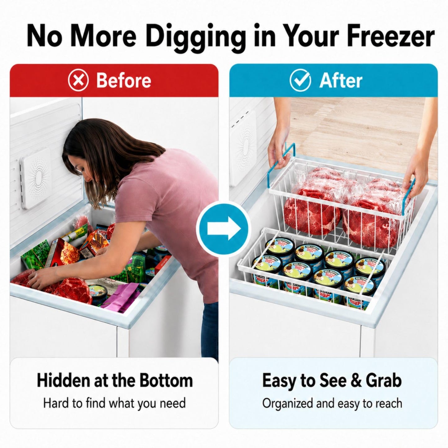 iSPECLE Deep Freezer Organizer Bins - Fits 7 Cu.Ft Chest Freezer, 8 Pack Stackable Wire Baskets(14.7" Length), Heavy Duty Coated Freezer Organizer, Rust Resistant for Frozen Food Sorting, White