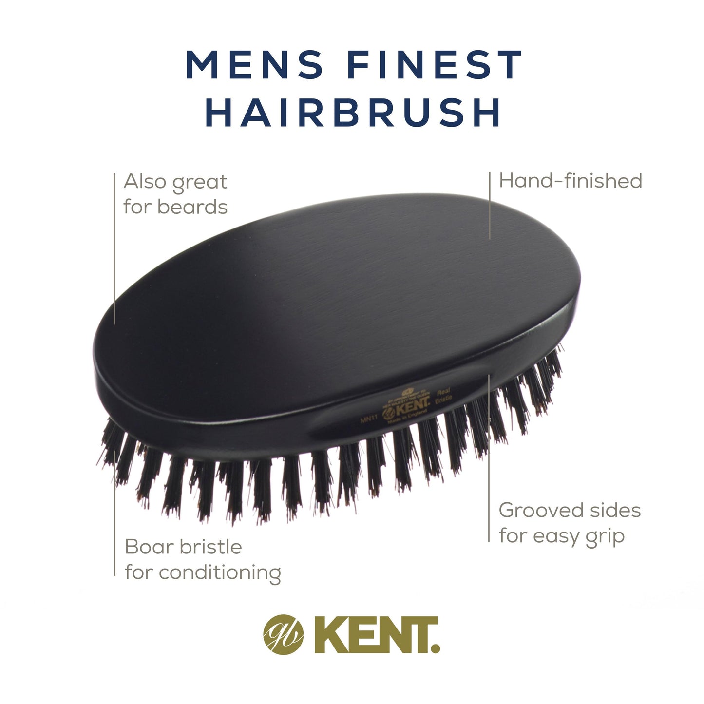 Kent MN11 Finest Men's Hair Brush and Facial Brush for Beard Care, Natural Black Boar Bristle Brush for Mens Grooming, Scalp Brush, 360 Wave, and Beard Straightener For Men's Hair Care