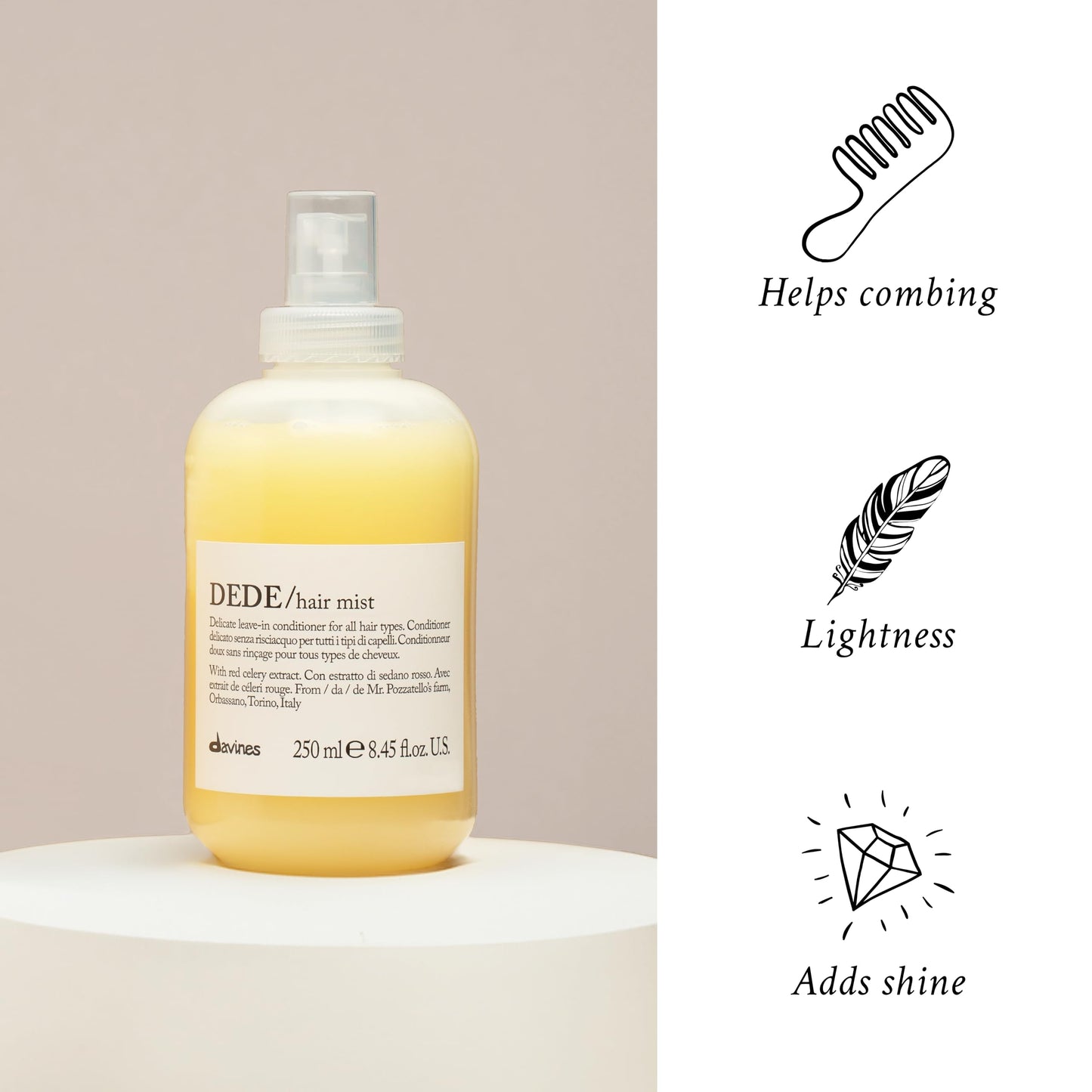 Davines DEDE Hair Mist, Lightweight Leave-In Conditioner, Moisturize While Adding Shine, Adds Combability To Fine Hair, 8.45 Fl. Oz.