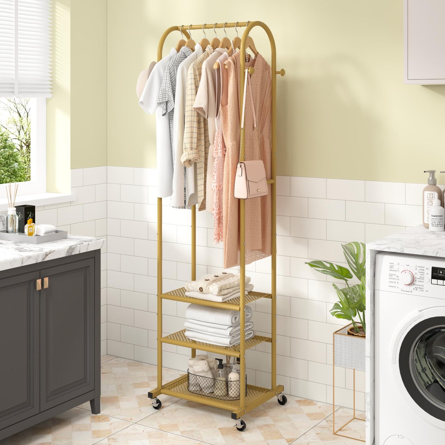 Kaitiemoo Heavy Duty Clothing Rack With Wheels,Modern Garment Rack With 3 Metal Shelves, 71.8Inches Display Rack For Hanging Clothes, Hanging Rod For Small Space,Gold